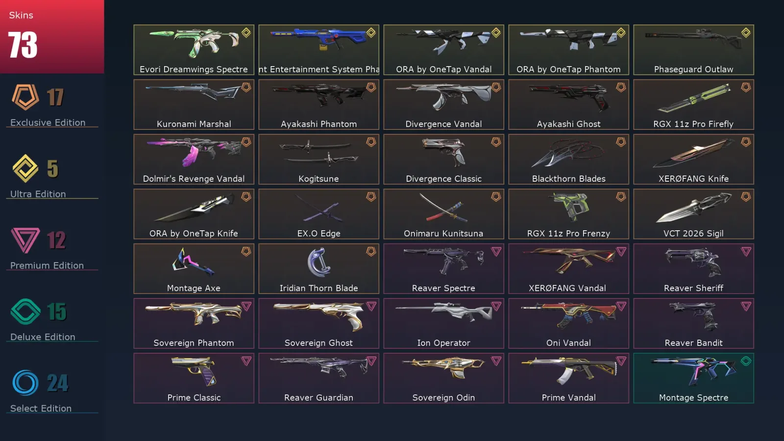 [Valorant] | EU | Level 218 | 29 Agents | 73 Skins