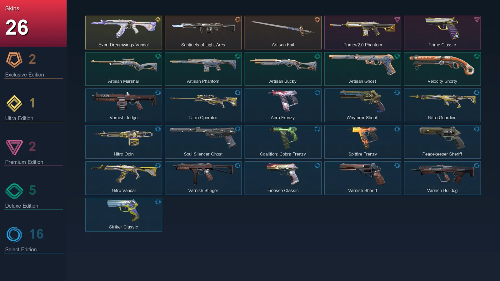 AP | Lv177 | Unranked | 26 Skin | 27 Agent | 76 Buddy &mdash; Valorant account with Frenzy skin
