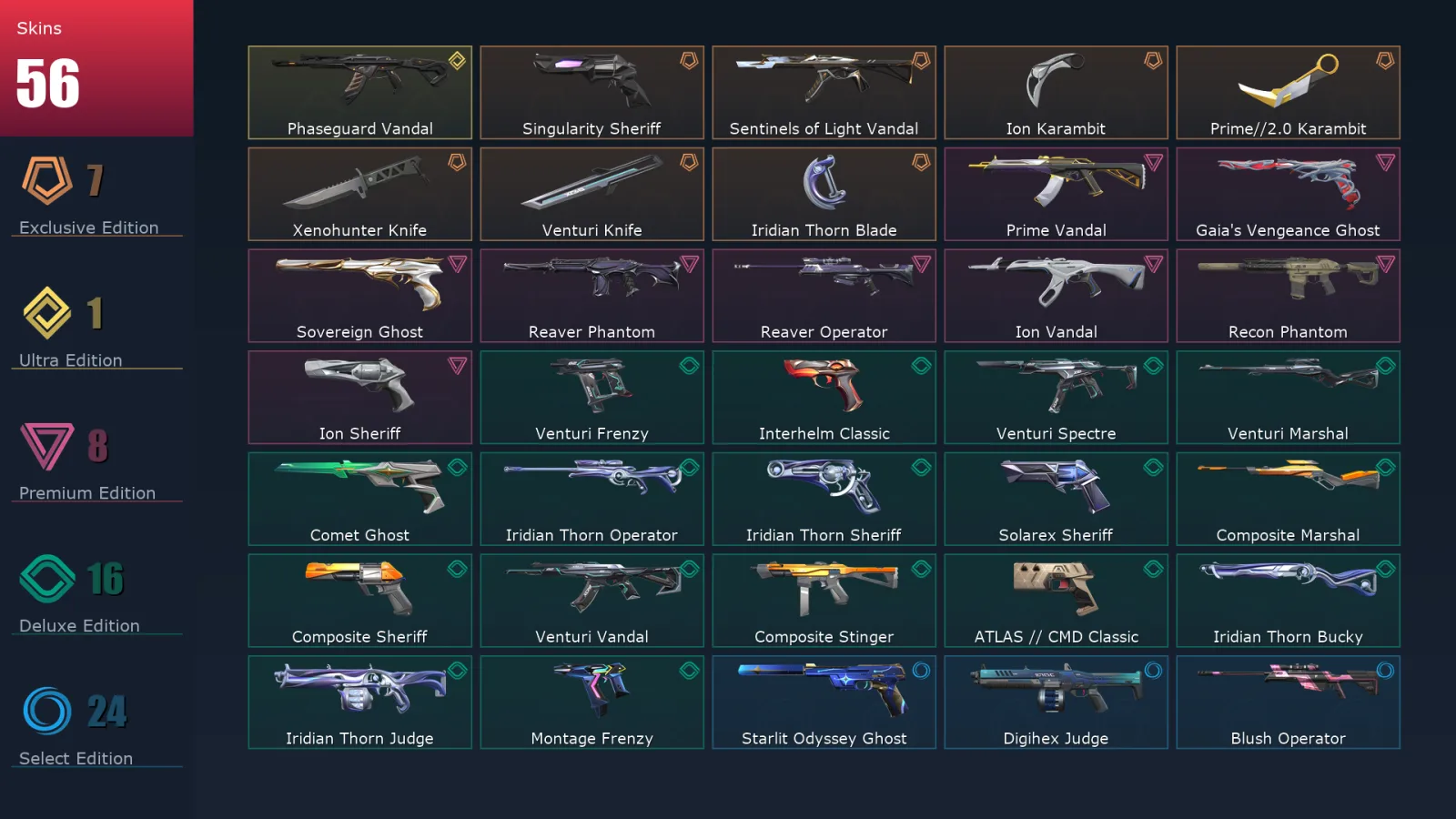 [Valorant] | EU | Level 194 | Platinum 3 | 29 Agents | 56 Skins