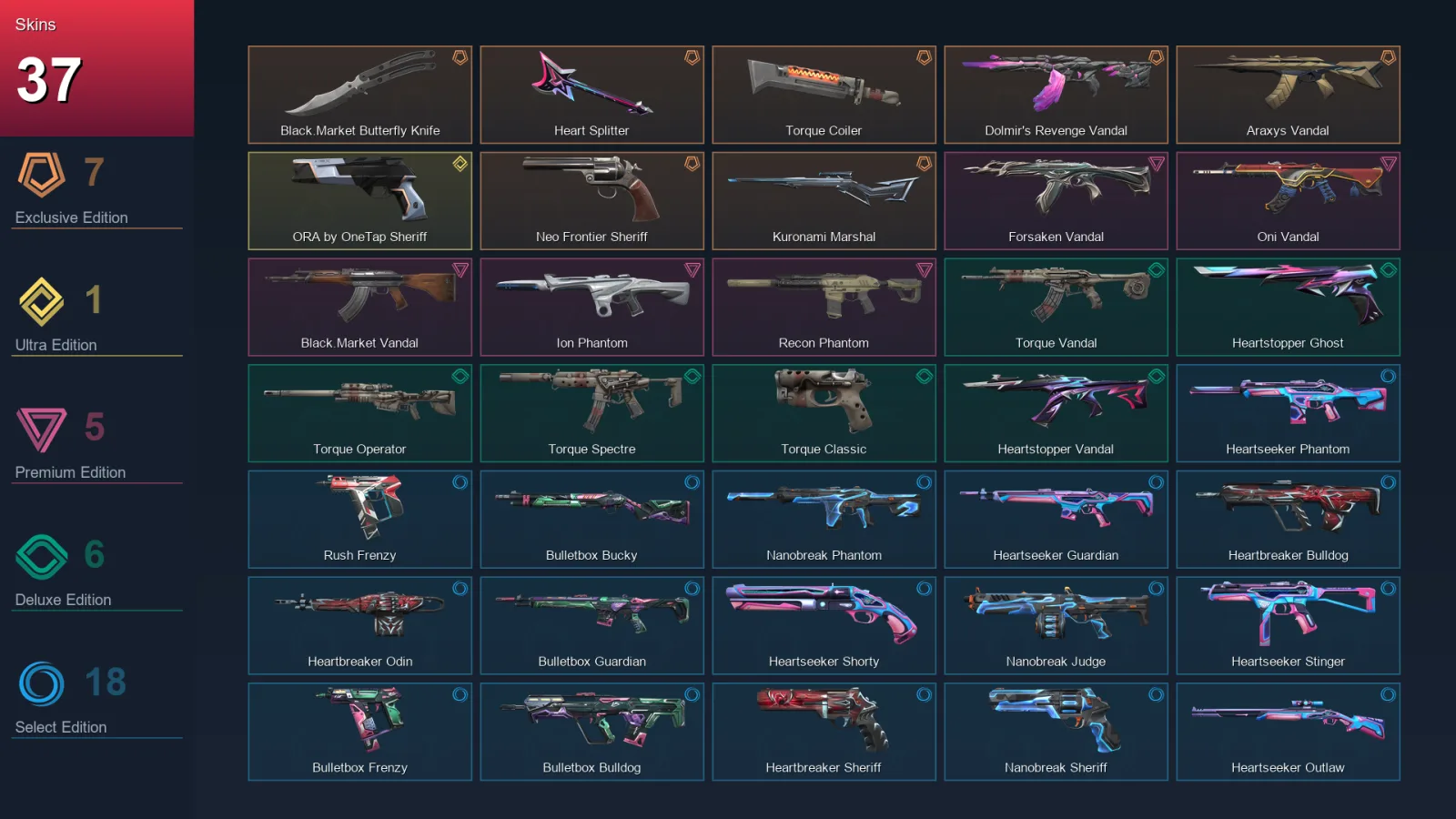 NA | Lv57 | Unranked | 37 Skin | 25 Agent | 29 Buddy — Ion Phantom