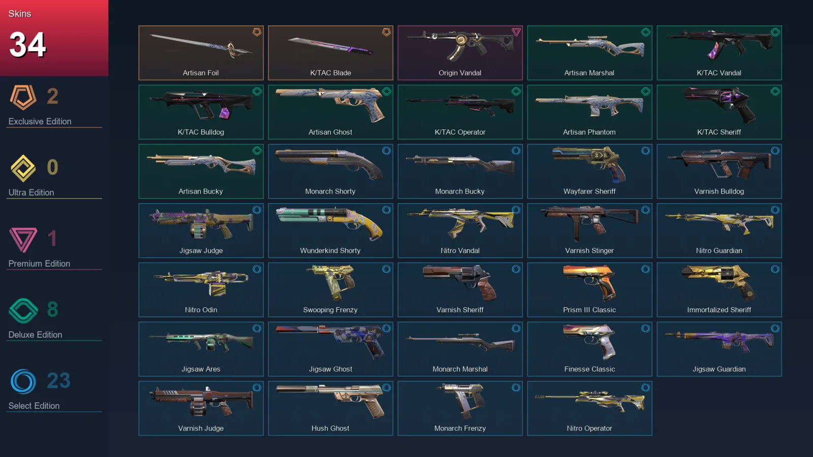 AP | Artisan Foil | K/TAC Blade | Origin Vandal | Artisan Marshal | 34 Skin | 21 Agent | 56 Buddy | Lv128