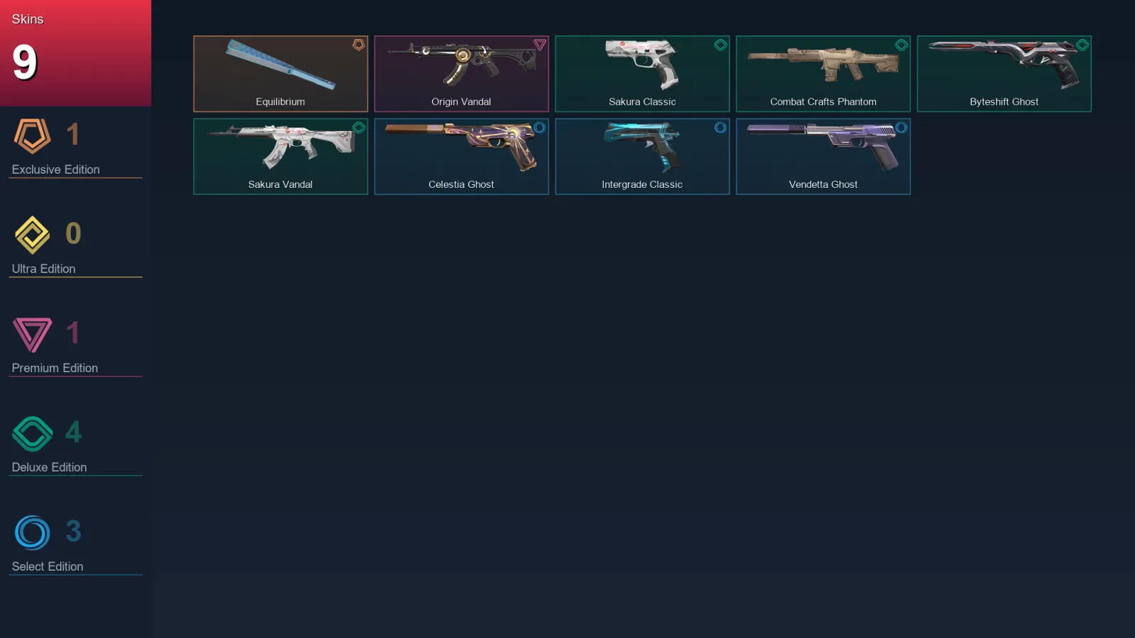 AP | Lv125 | Unranked | 9 Skin | 27 Agent | 42 Buddy — Equilibrium