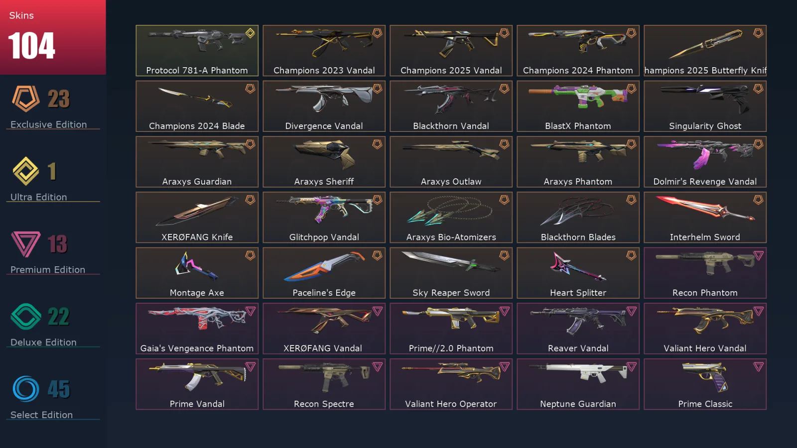 [Valorant] | EU | Level 366 | Diamond 1 | 29 Agents | 104 Skins