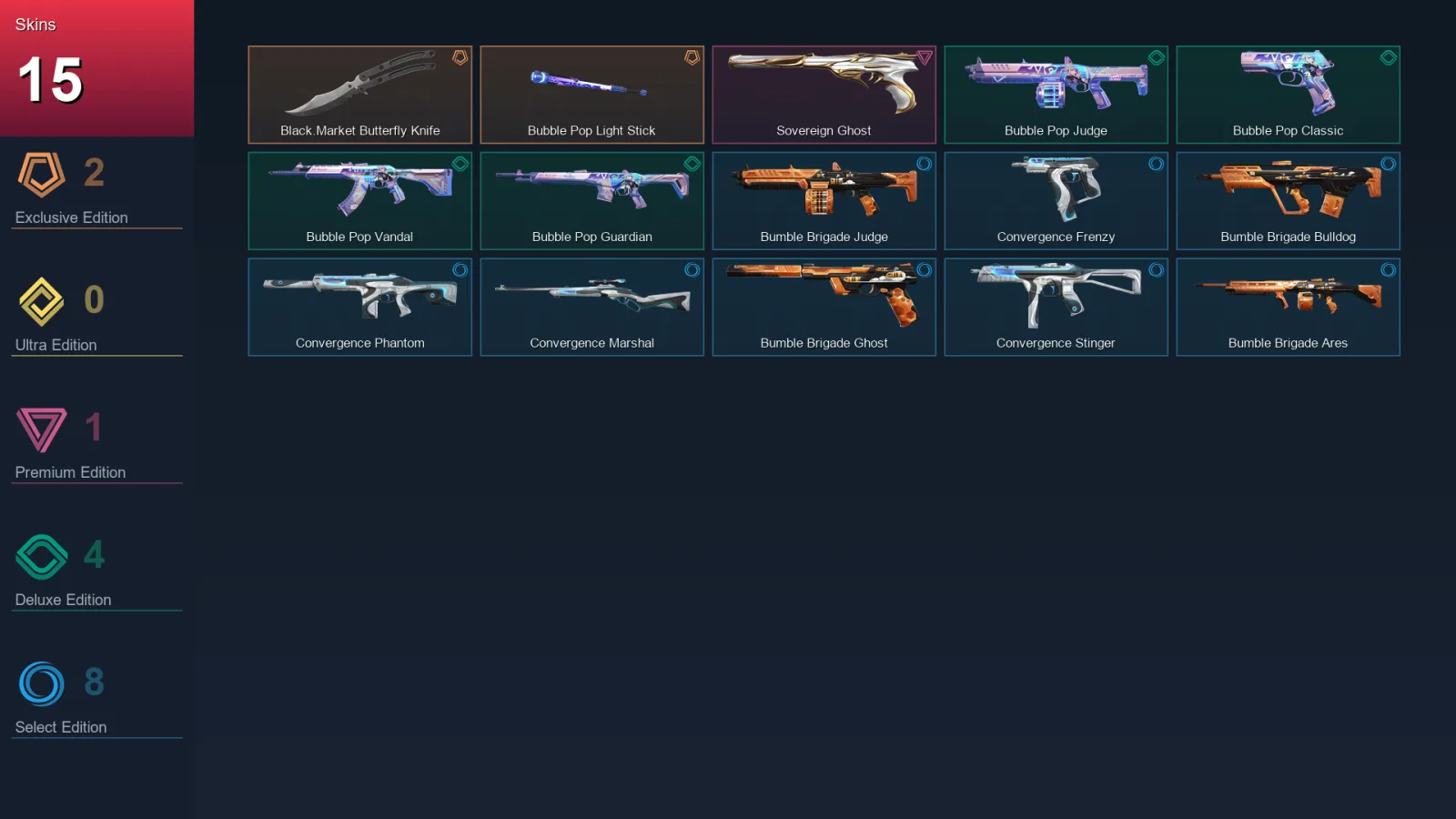 EU | Lv46 | Unranked | 15 Skin | 18 Agent | 23 Buddy — Convergence Frenzy