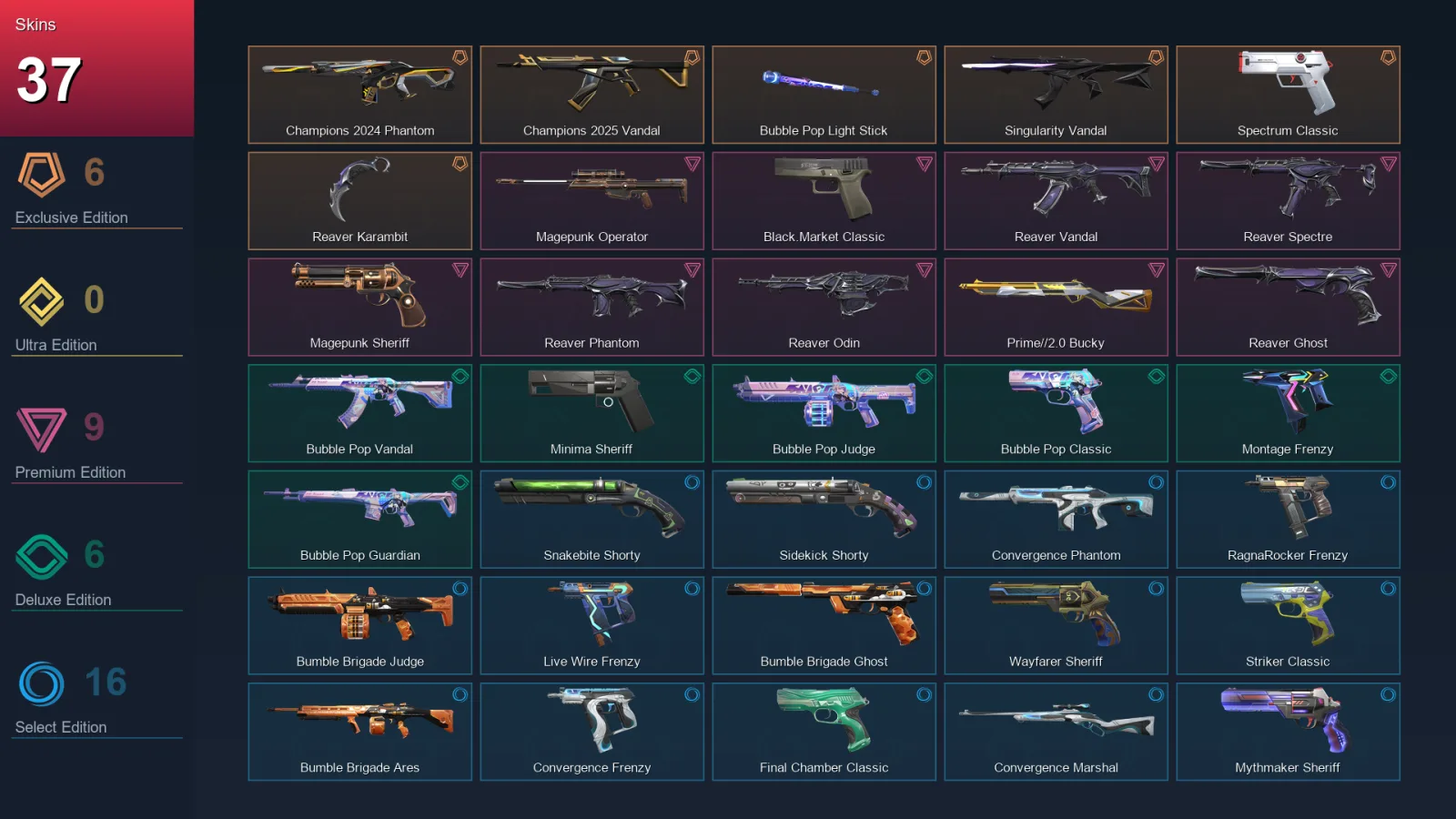 NA | Lv174 | Unranked | 37 Skin | 29 Agent | 88 Buddy