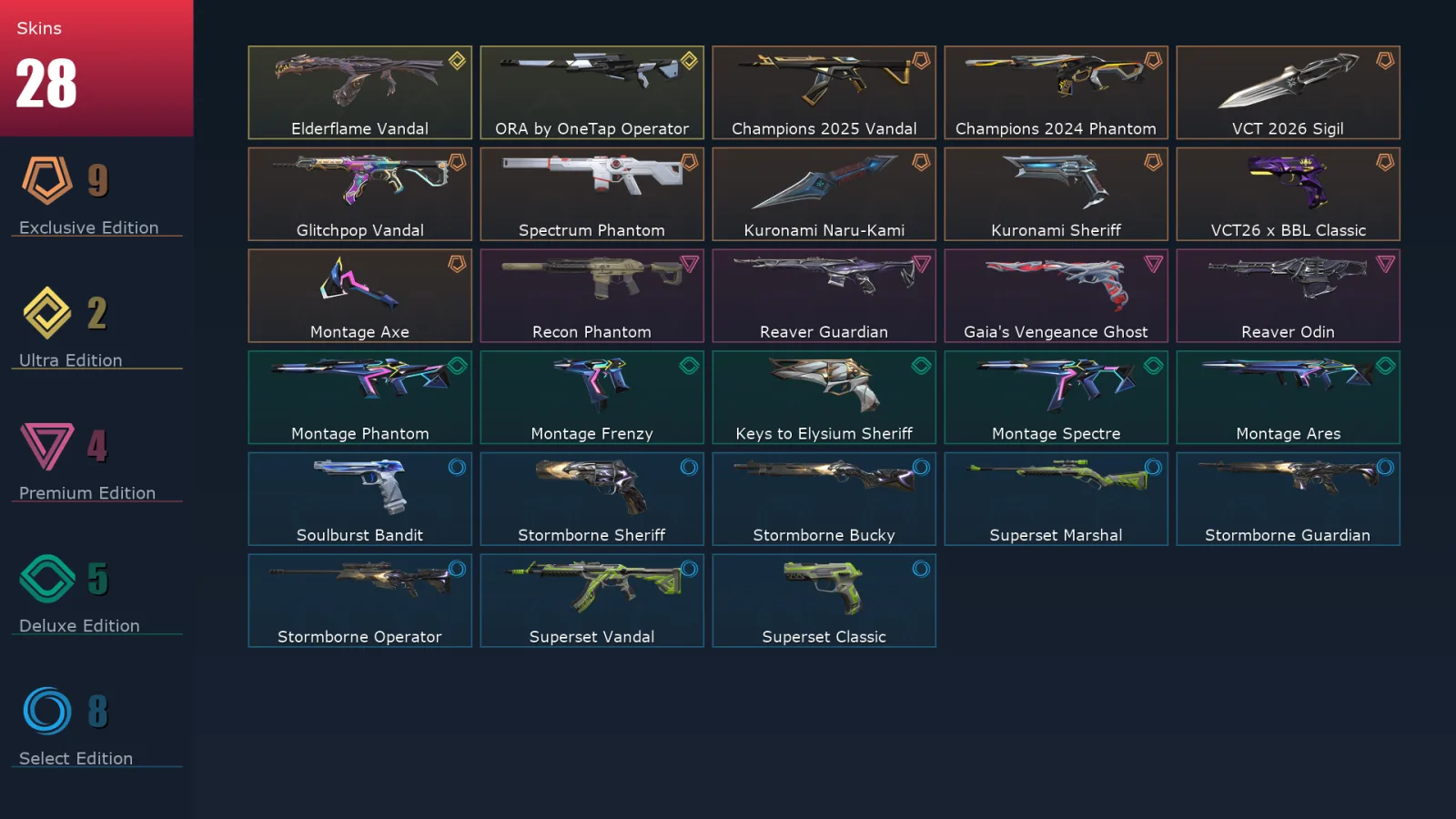 [Valorant] | EU | Level 110 | Platinum 1 | 26 Agents | 28 Skins