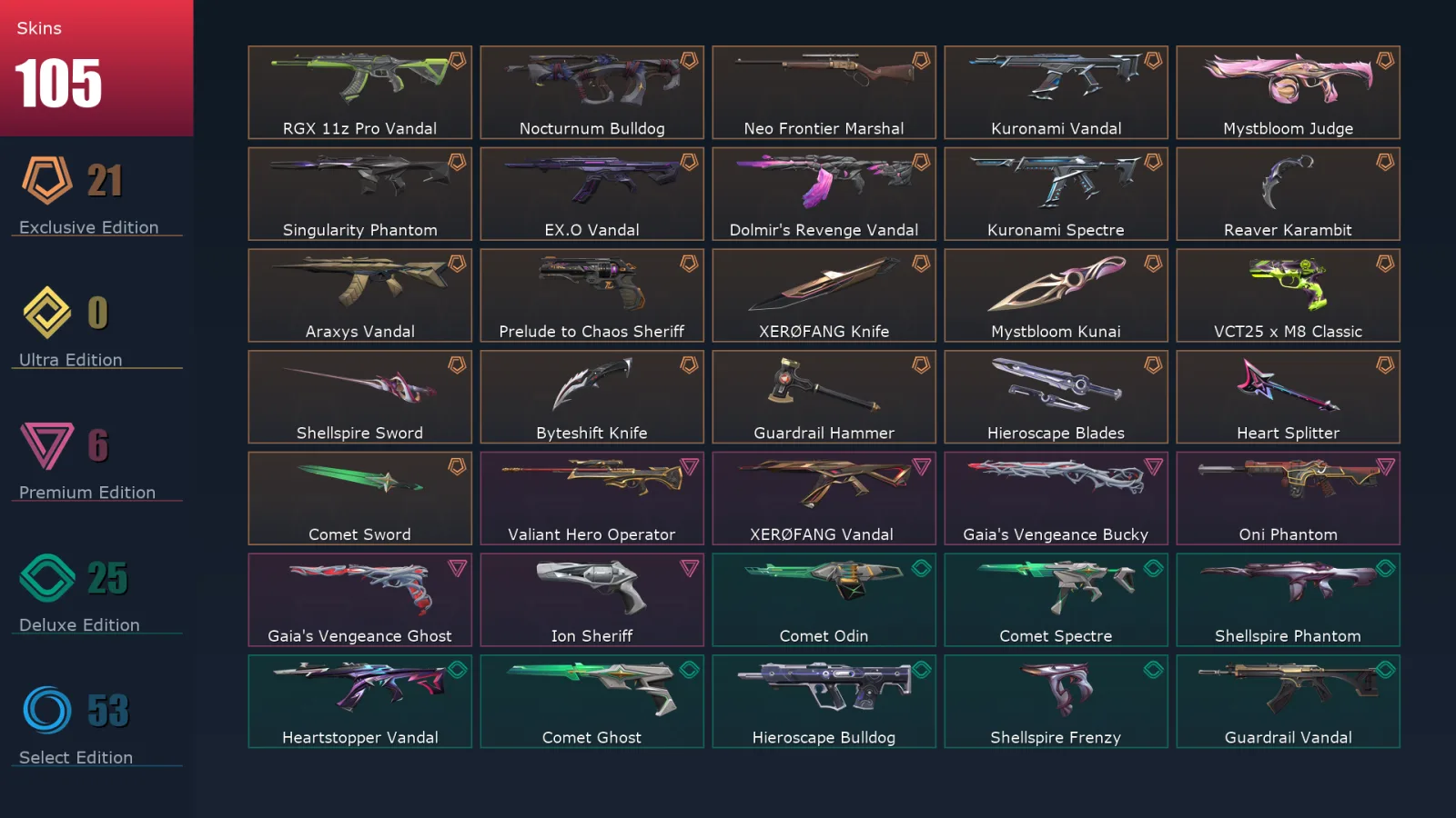 [Valorant] | EU | Level 199 | Silver 2 | 29 Agents | 105 Skins