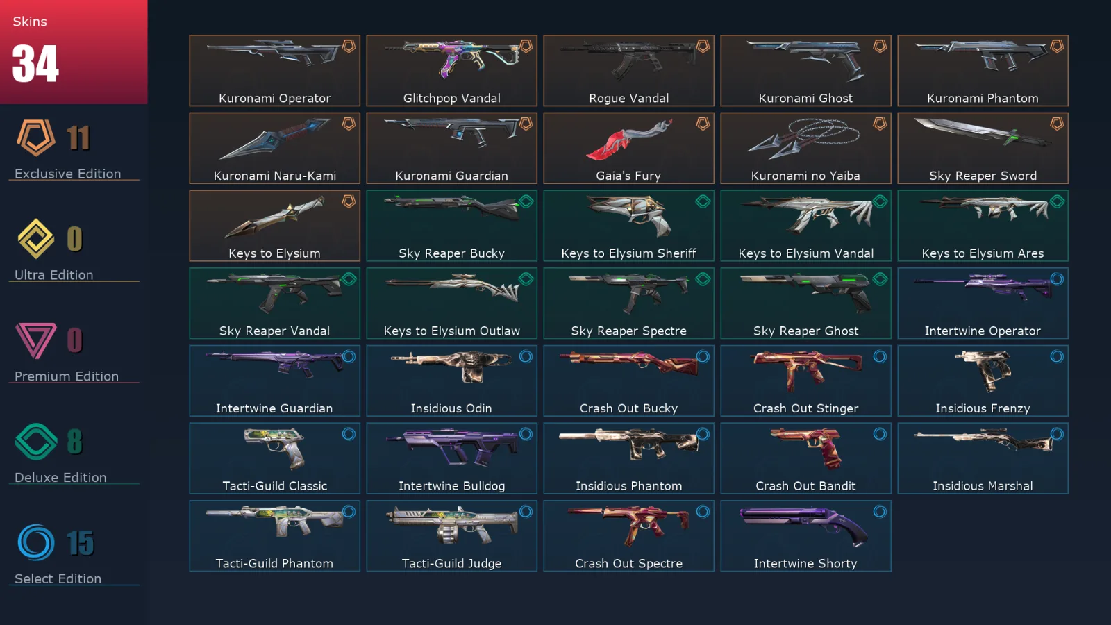 [Valorant] | EU | Level 58 | Diamond 3 | 18 Agents | 34 Skins