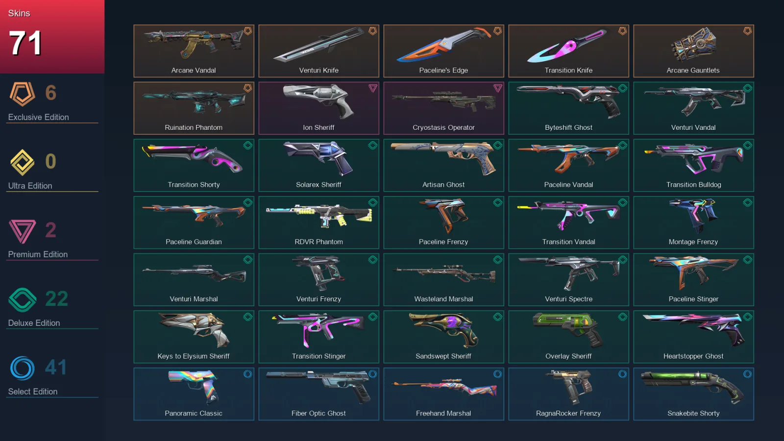 AP | Arcane Vandal | Venturi Knife | Paceline's Edge | Transition Knife | 71 Skin | 29 Agent | 161 Buddy | Lv604