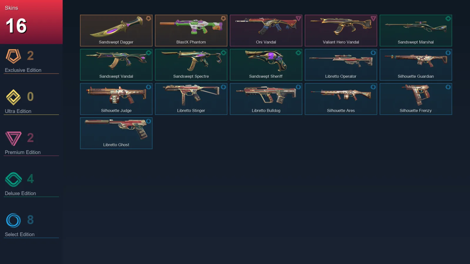 AP | Lv37 | Unranked | 16 Skin | 12 Agent | 18 Buddy