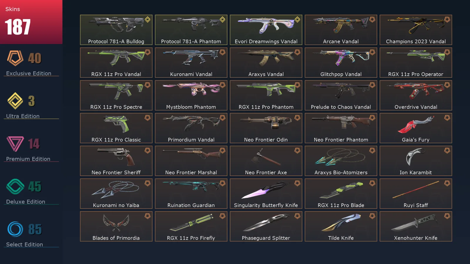 [Valorant] | EU | Level 402 | 29 Agents | 187 Skins