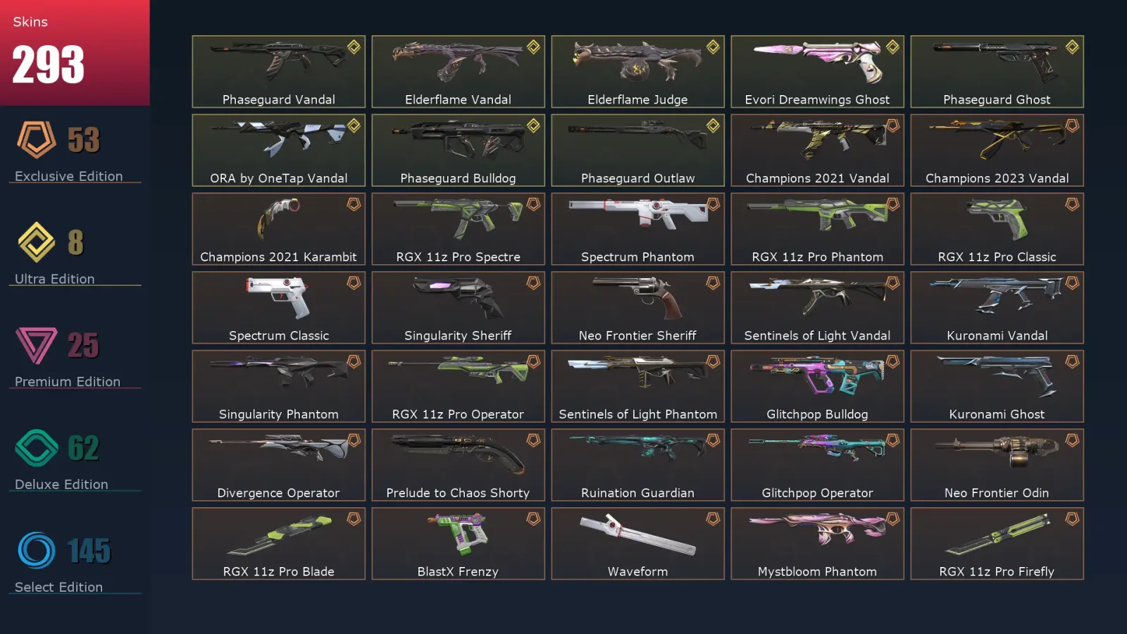 [Valorant] | EU | Level 500 | 29 Agents | 293 Skins
