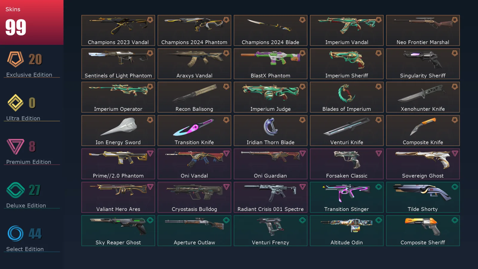 [Valorant] | EU | Level 286 | Gold 1 | 29 Agents | 99 Skins