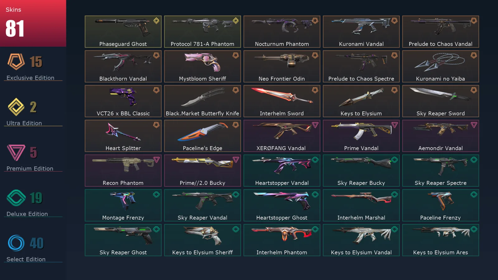 [Valorant] | EU | Level 228 | Diamond 2 | 29 Agents | 81 Skins