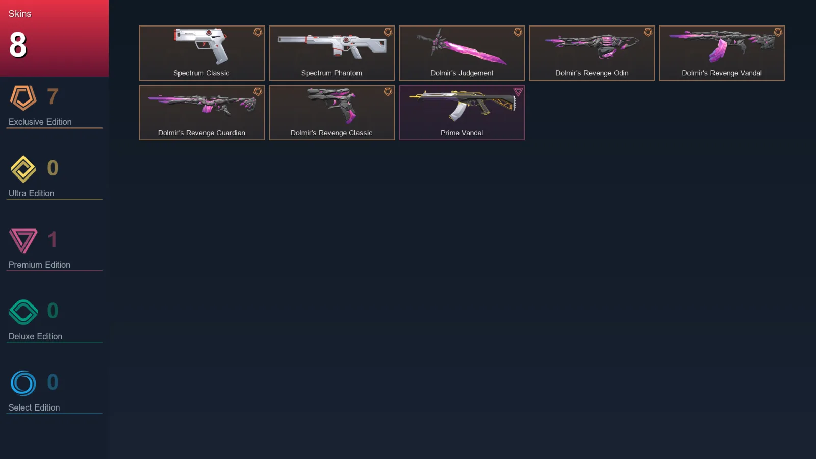 EU | Spectrum Classic | Spectrum Phantom | Dolmir's Judgement | Dolmir's Revenge Odin | 8 Skin | 12 Agent | 14 Buddy | Lv24