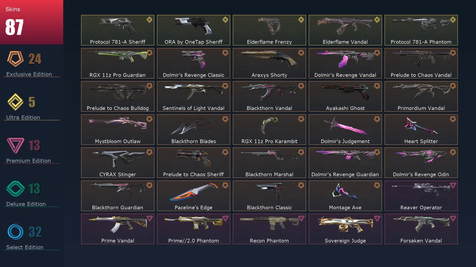[Valorant] | EU | Level 104 | Ascendant 3 | 28 Agents | 87 Skins