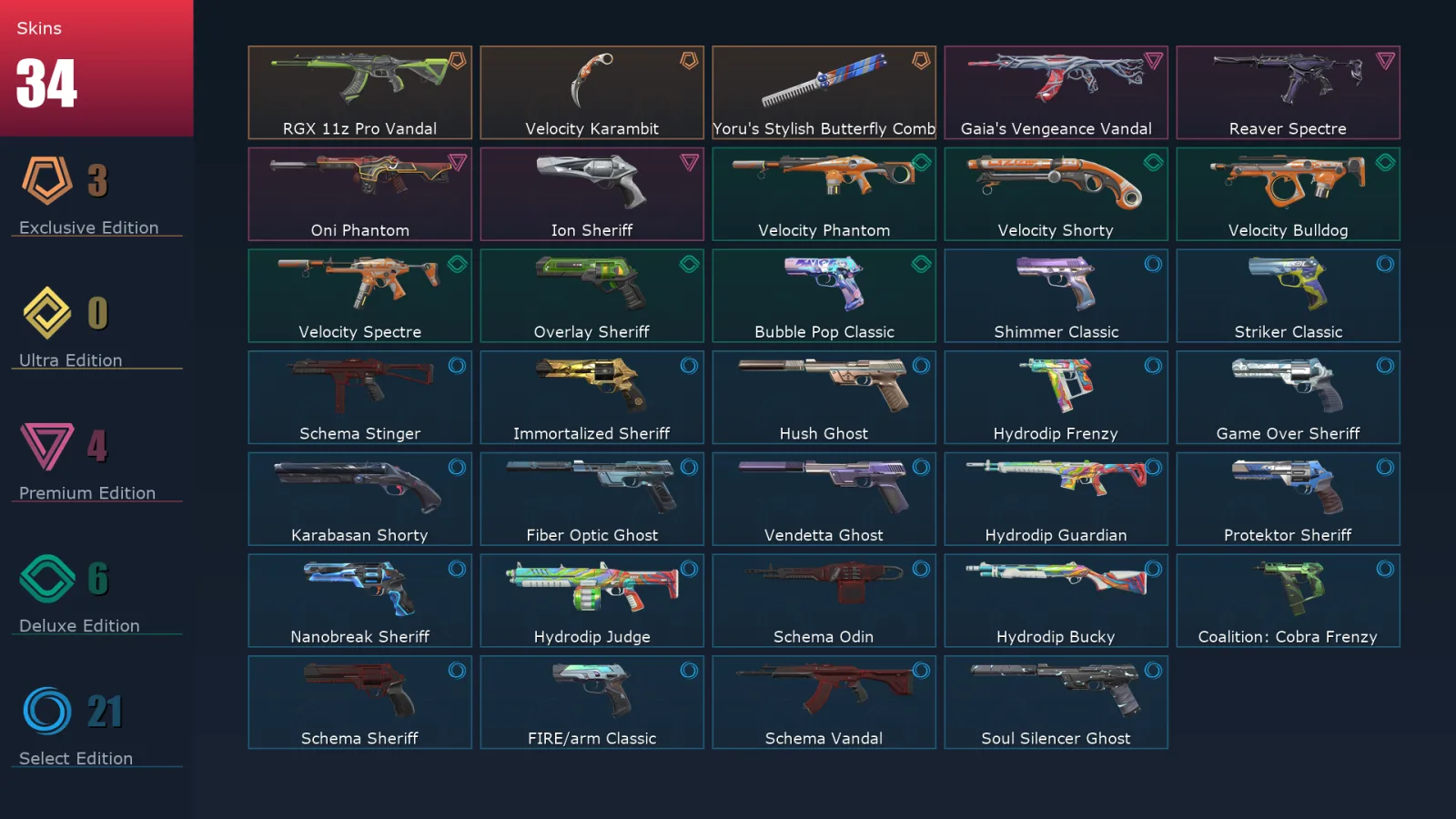 [Valorant] | EU | Level 223 | Bronze 2 | 27 Agents | 34 Skins