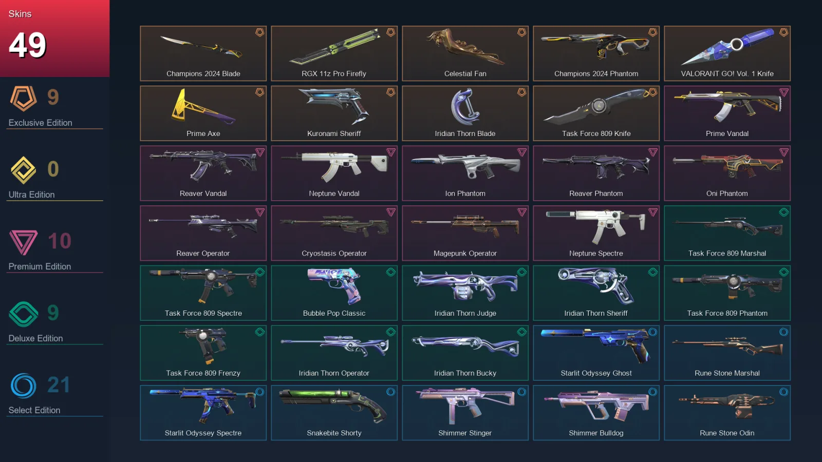 NA | Lv175 | Unranked | 49 Skin | 27 Agent | 83 Buddy — Magepunk Operator