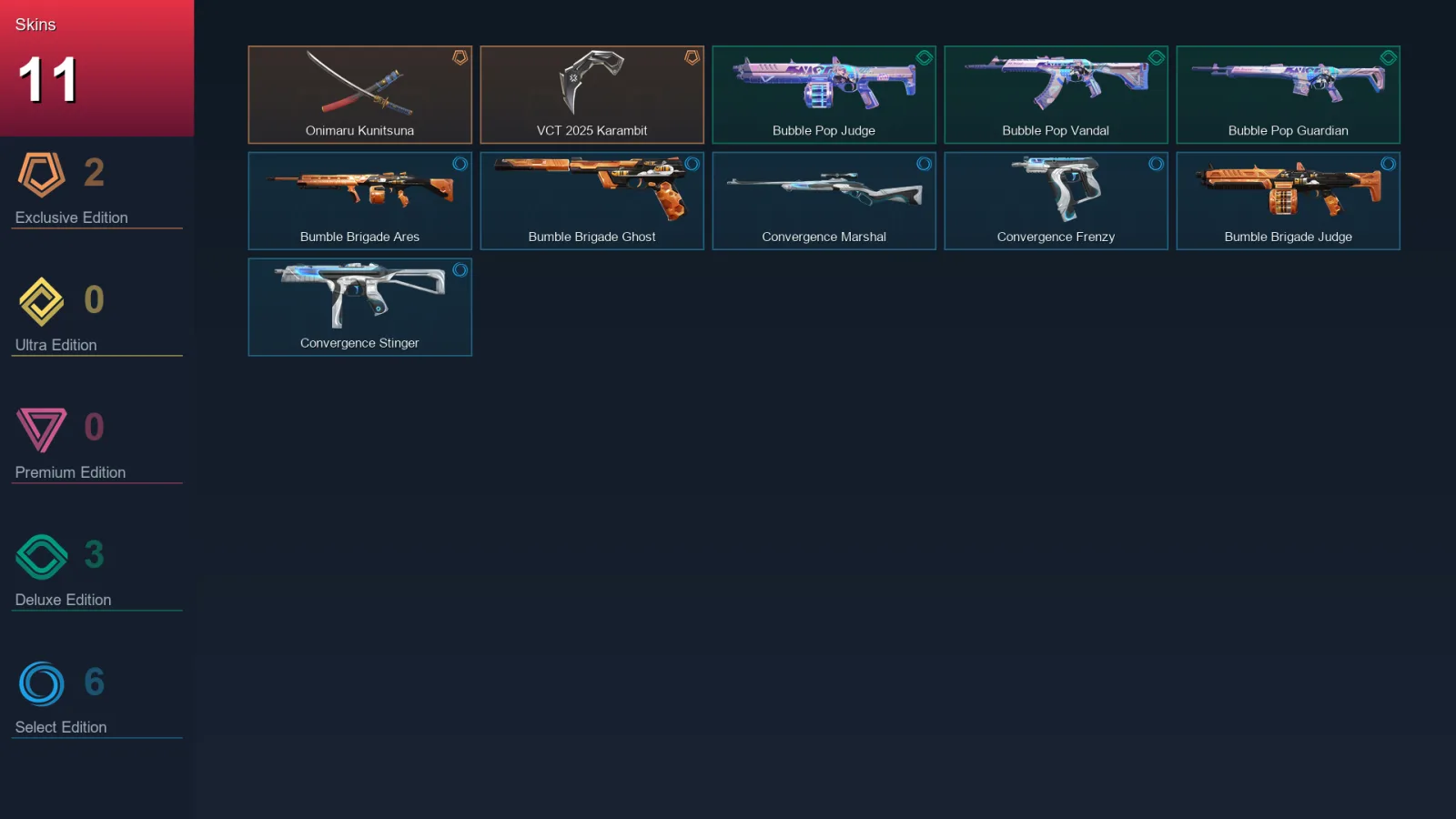 AP | Onimaru Kunitsuna | VCT 2025 Karambit | Bubble Pop Judge | Bubble Pop Vandal | 11 Skin | 12 Agent | 25 Buddy | Lv37