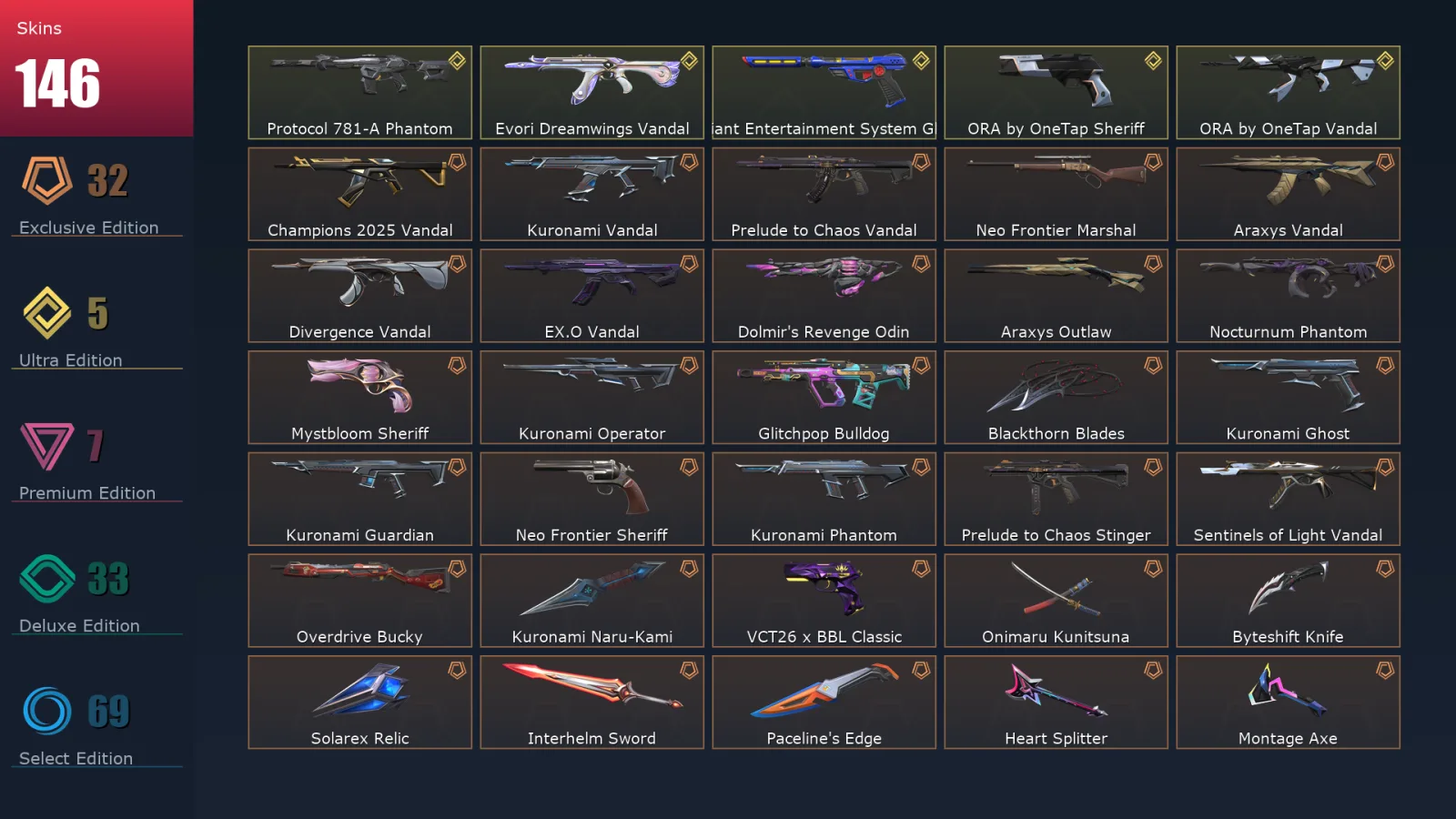 [Valorant] | EU | Level 160 | Gold 1 | 29 Agents | 146 Skins