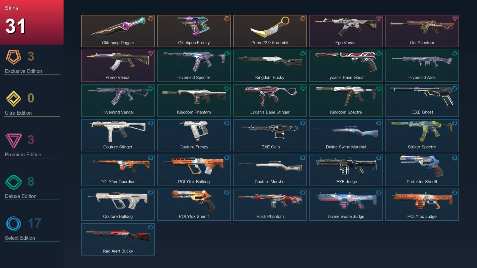 NA | Lv20 | Unranked | 31 Skin | 9 Agent | 28 Buddy