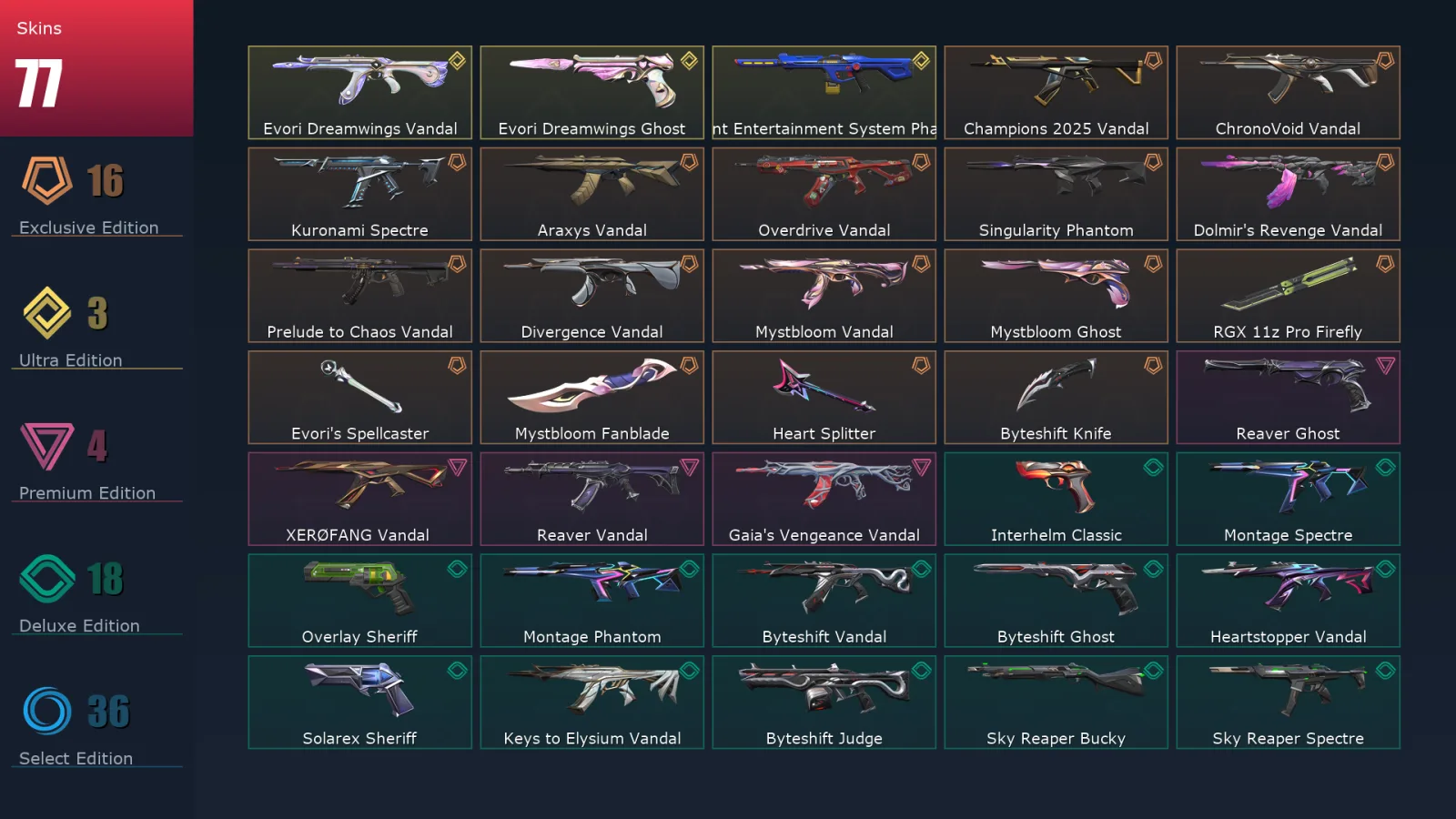 [Valorant] | EU | Level 182 | Gold 1 | 29 Agents | 77 Skins