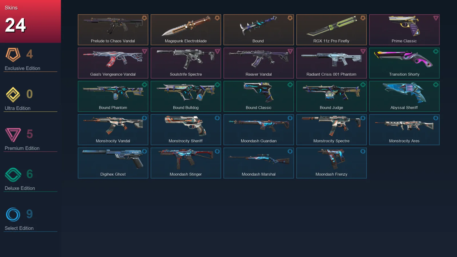 NA | Lv83 | Unranked | 24 Skin | 19 Agent | 30 Buddy