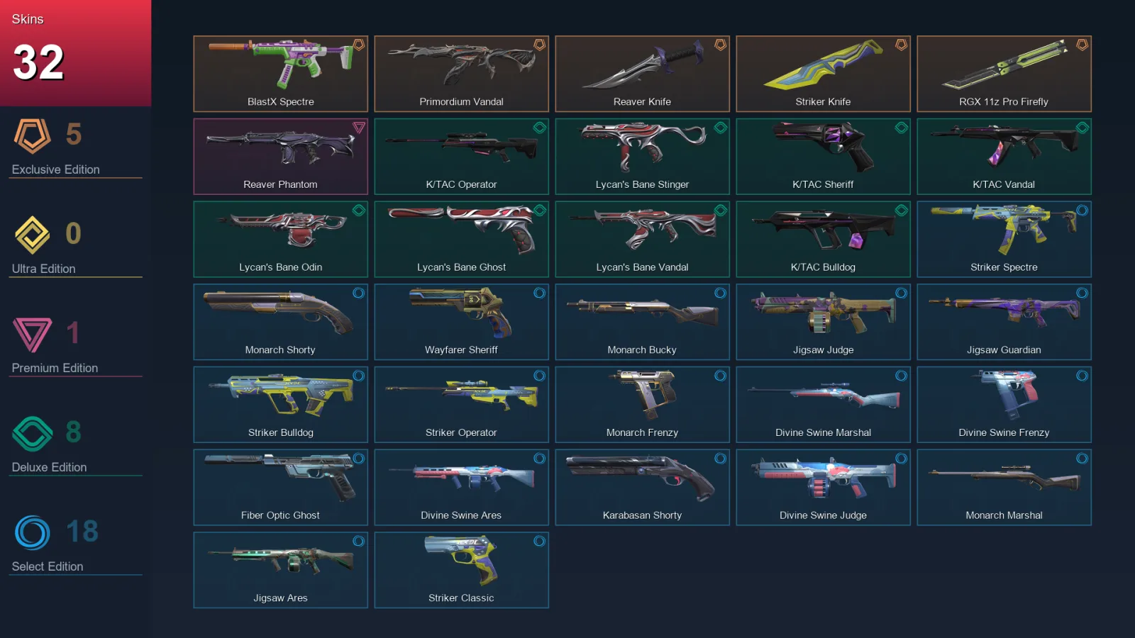 EU | Lv125 | Unranked | 32 Skin | 25 Agent | 72 Buddy