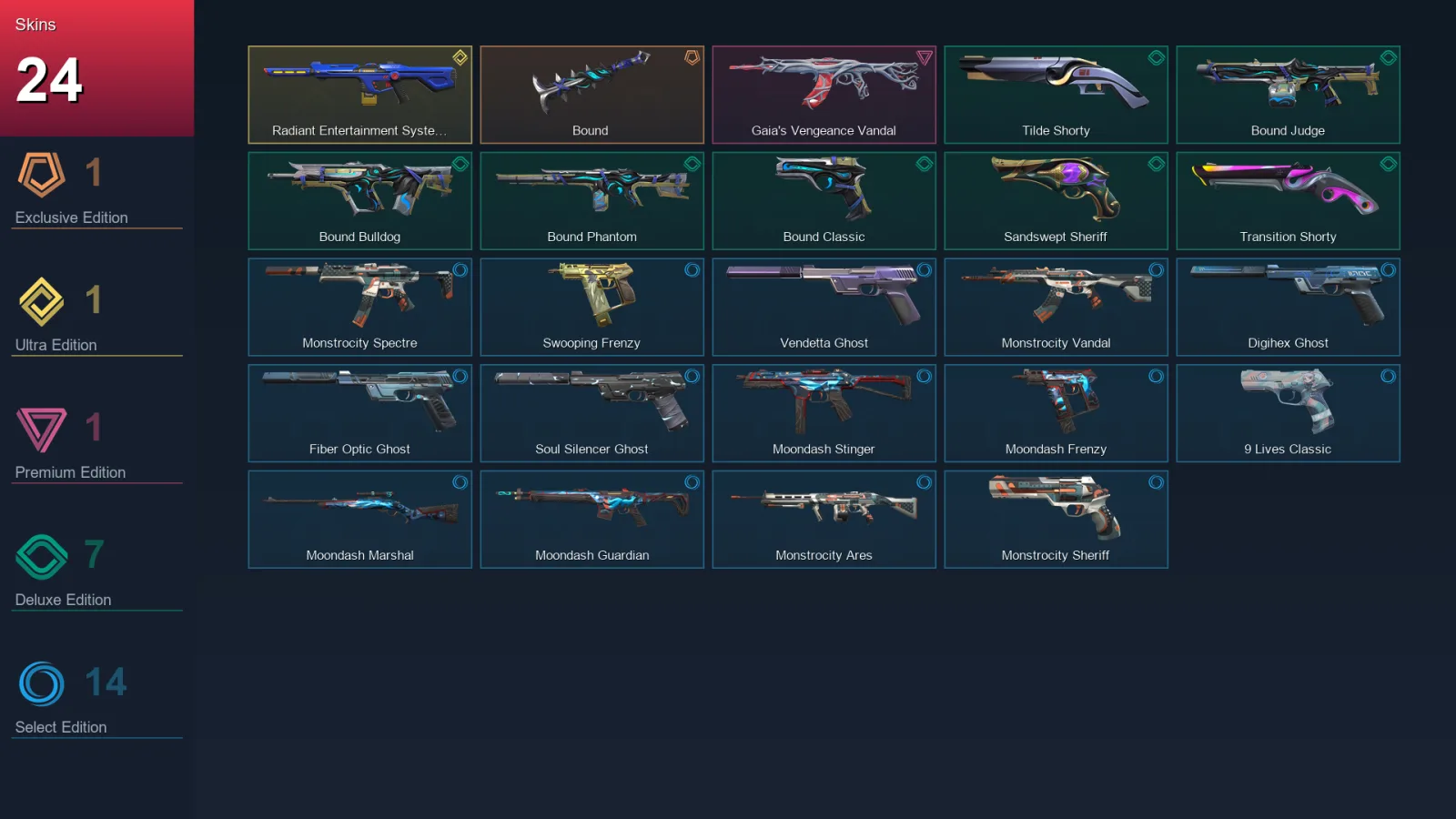 AP | Bound | Radiant Entertainment System Phantom | Gaia's Vengeance Vandal | Tilde Shorty | 24 Skin | 27 Agent | 67 Buddy | Lv232