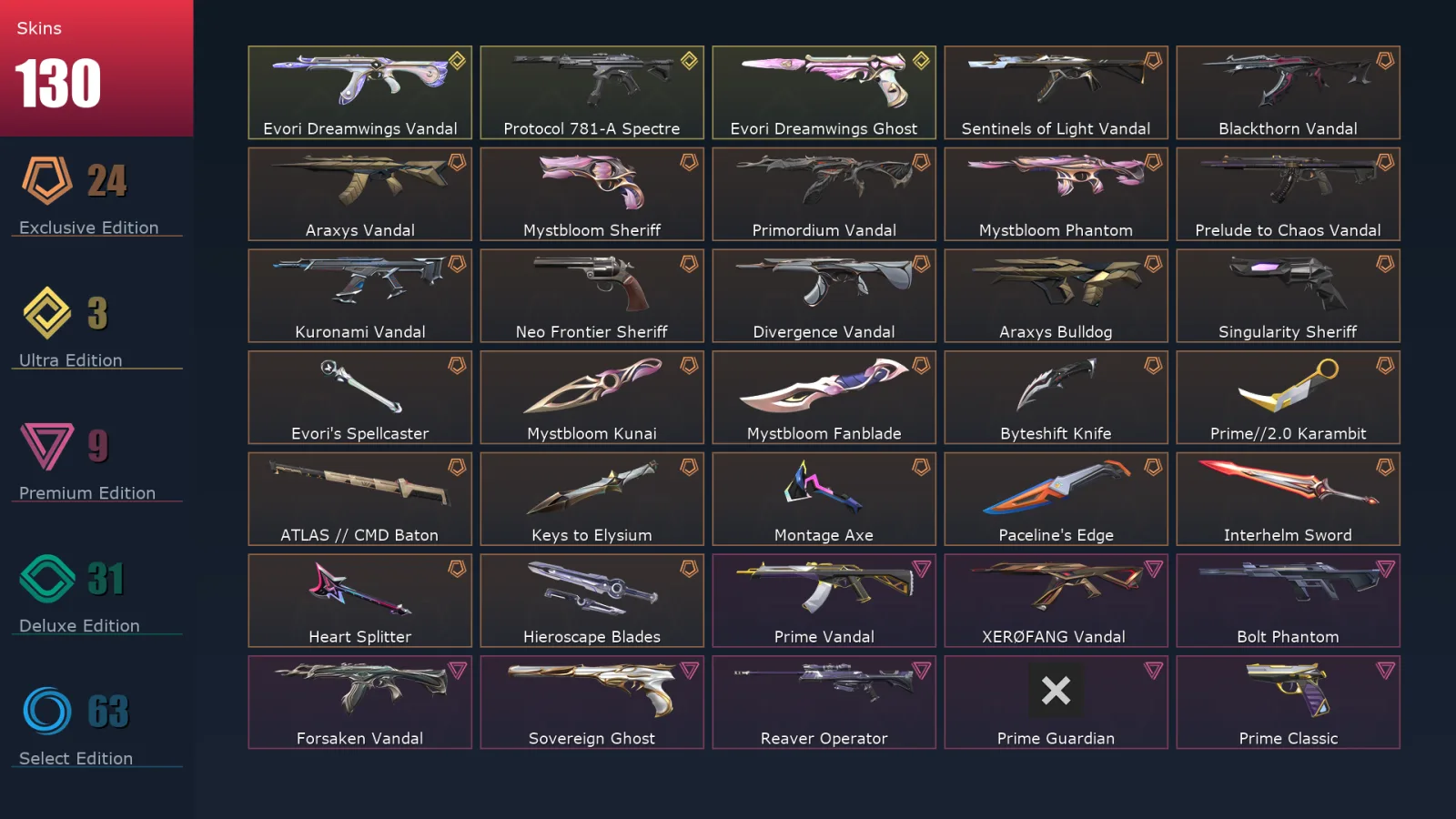[Valorant] | EU | Level 261 | Silver 2 | 29 Agents | 130 Skins