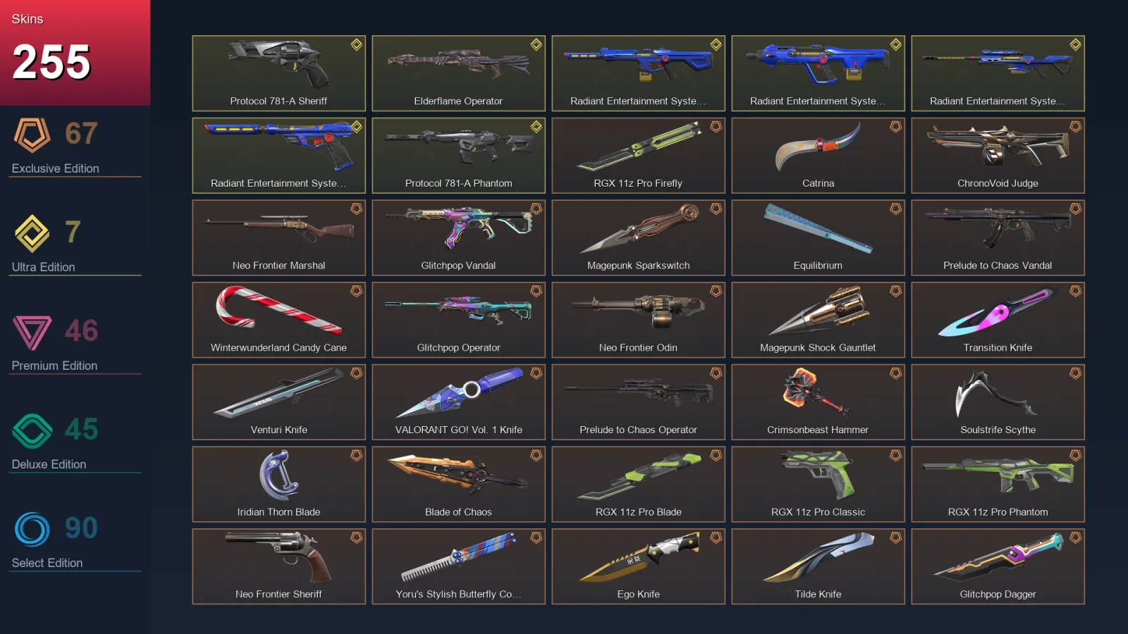 NA | Lv259 | Unranked | 255 Skin | 23 Agent | 144 Buddy