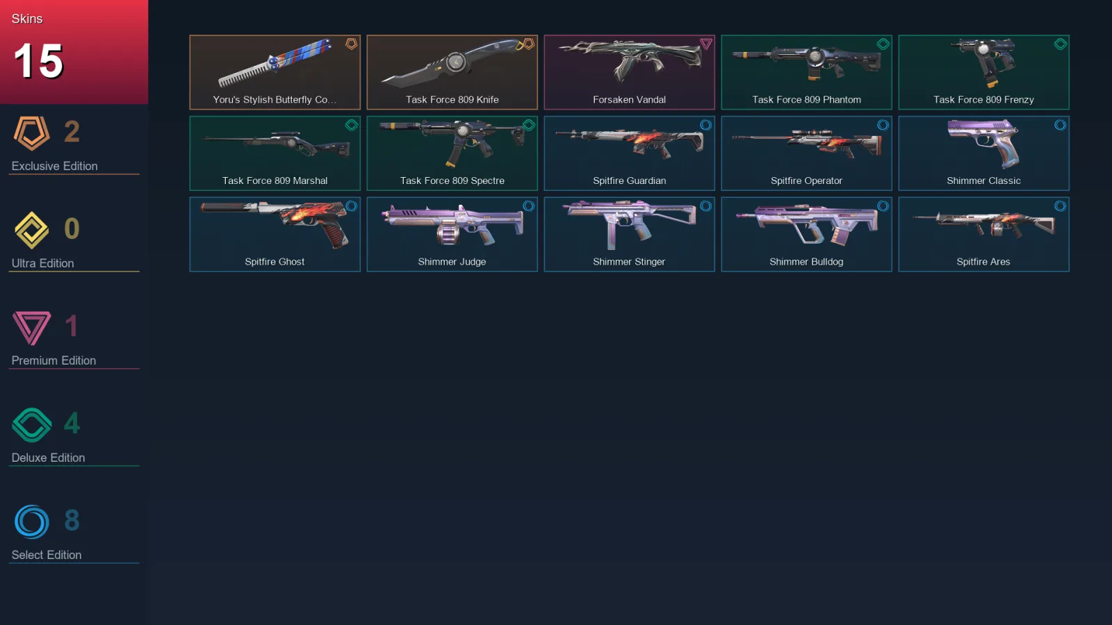 EU | Yoru's Stylish Butterfly Comb | Task Force 809 Knife | Forsaken Vandal | Task Force 809 Phantom | 15 Skin | 23 Agent | 27 Buddy | Lv61