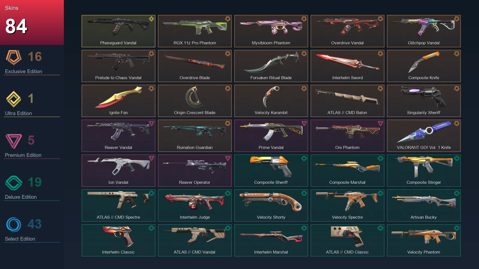 NA | Lv155 | Unranked | 84 Skin | 28 Agent | 105 Buddy — Prime Vandal