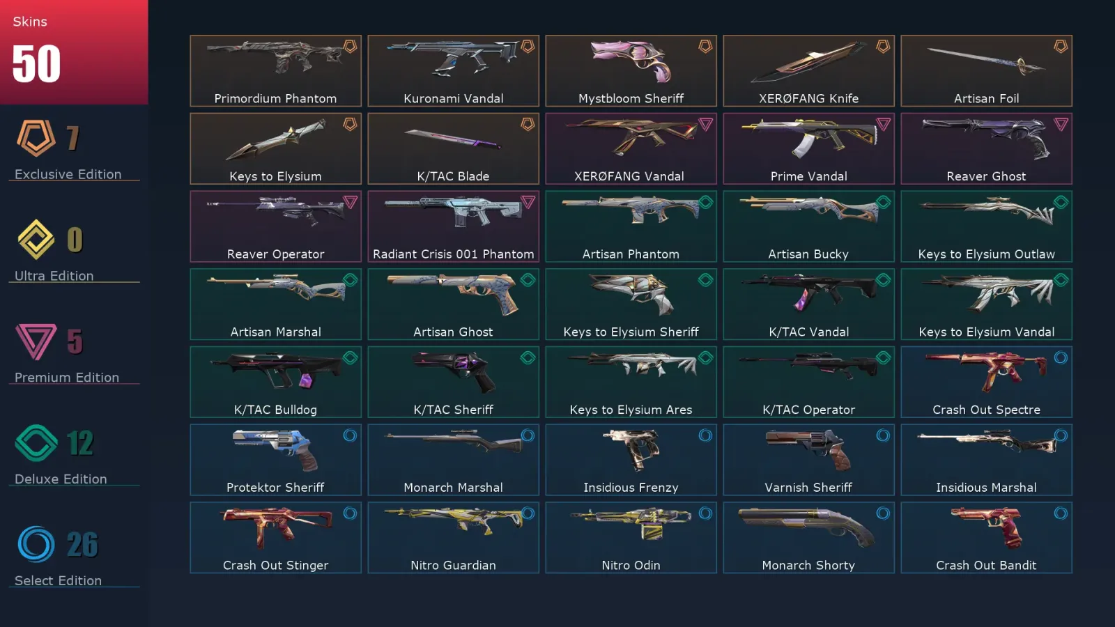 [Valorant] | EU | Level 110 | Platinum 1 | 22 Agents | 50 Skins