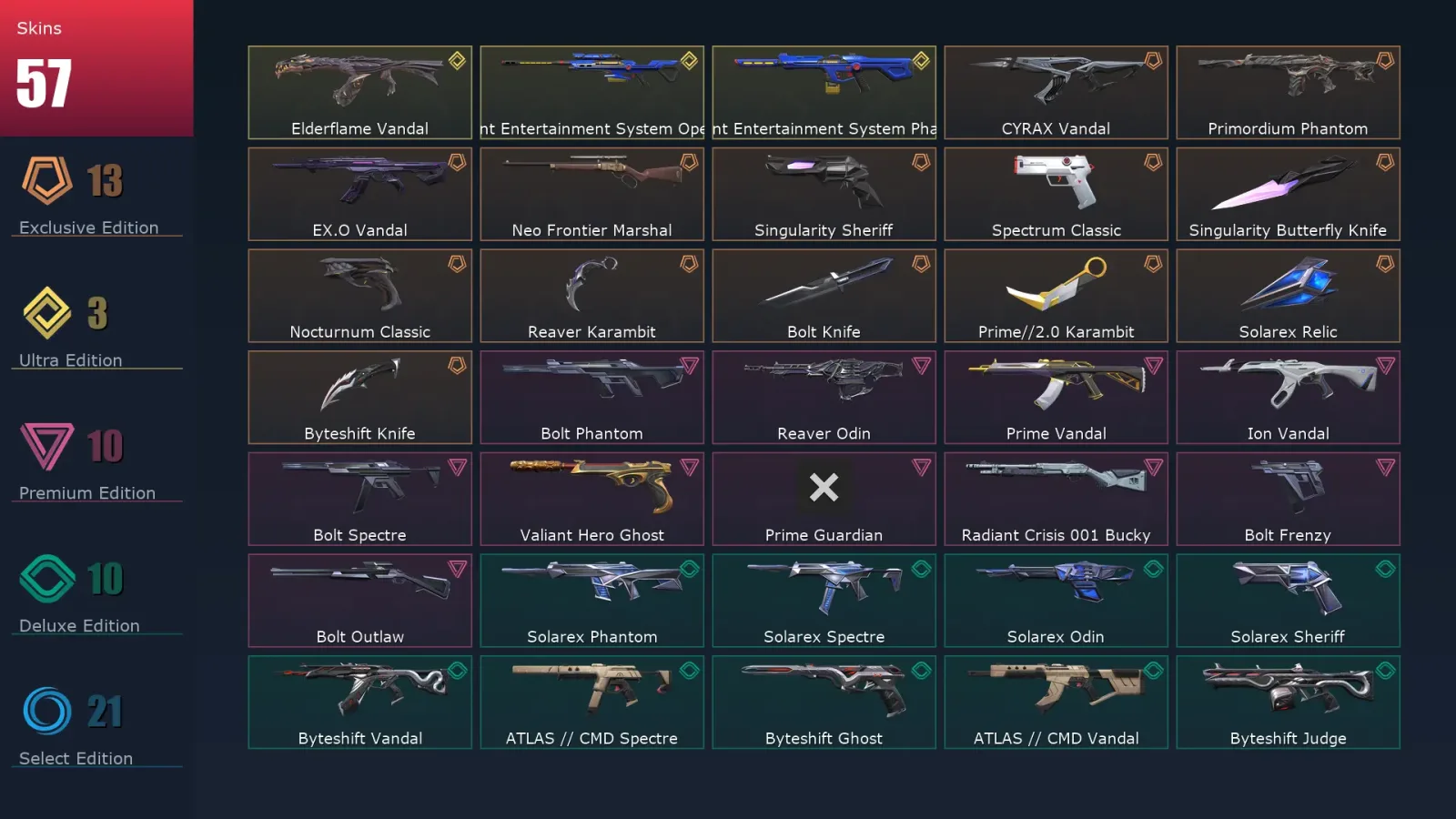 [Valorant] | EU | Level 52 | 22 Agents | 57 Skins