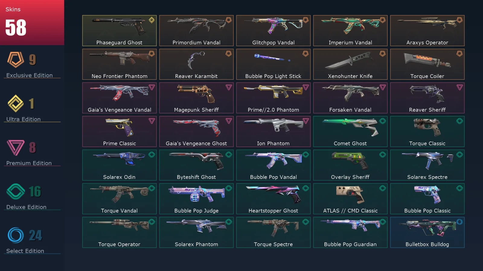 [Valorant] | EU | Level 164 | Ascendant 1 | 29 Agents | 58 Skins