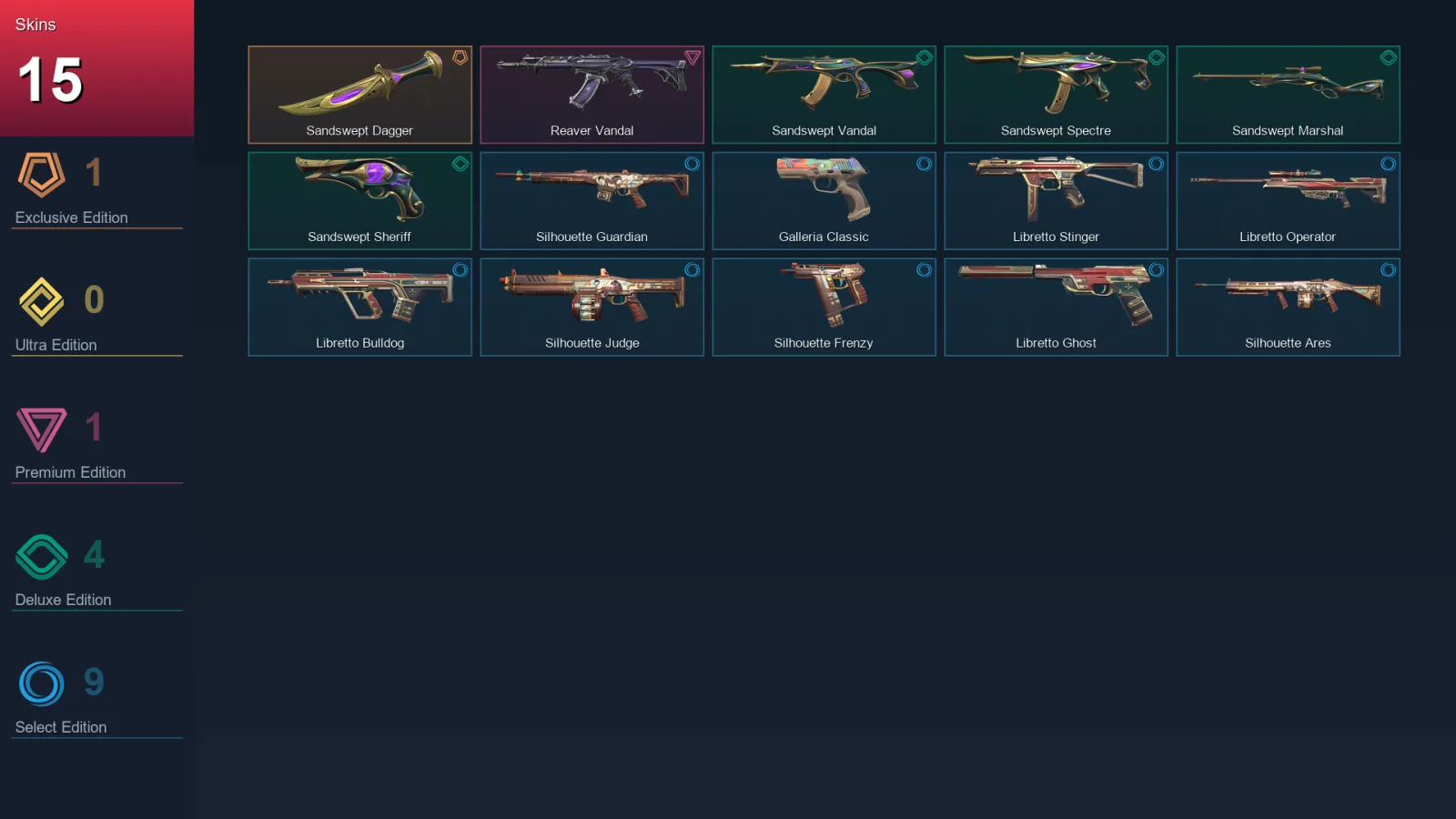 AP | Sandswept Dagger | Reaver Vandal | Sandswept Vandal | Sandswept Spectre | 15 Skin | 12 Agent | 15 Buddy | Lv34