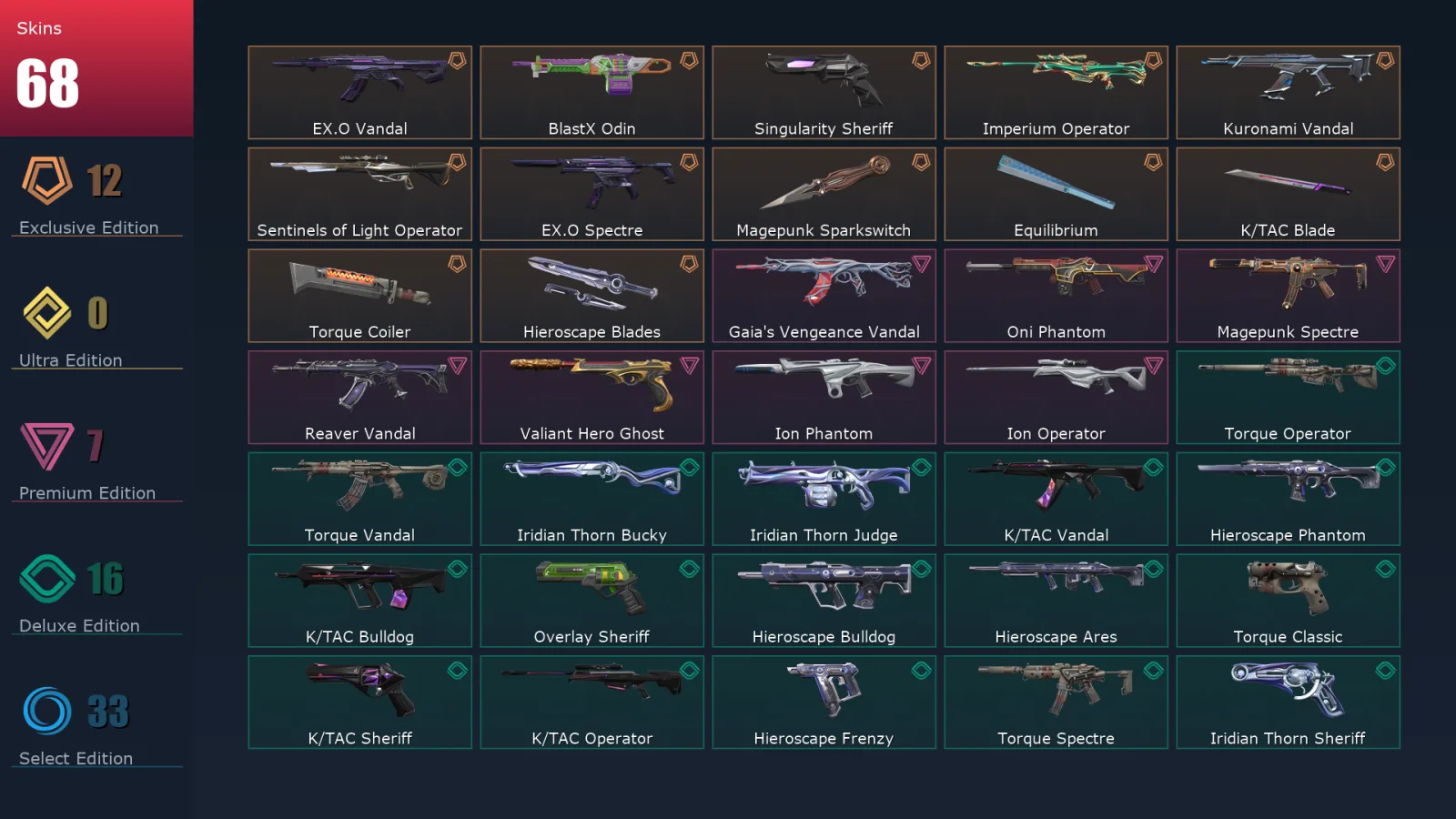 [Valorant] | EU | Level 176 | Silver 1 | 29 Agents | 68 Skins