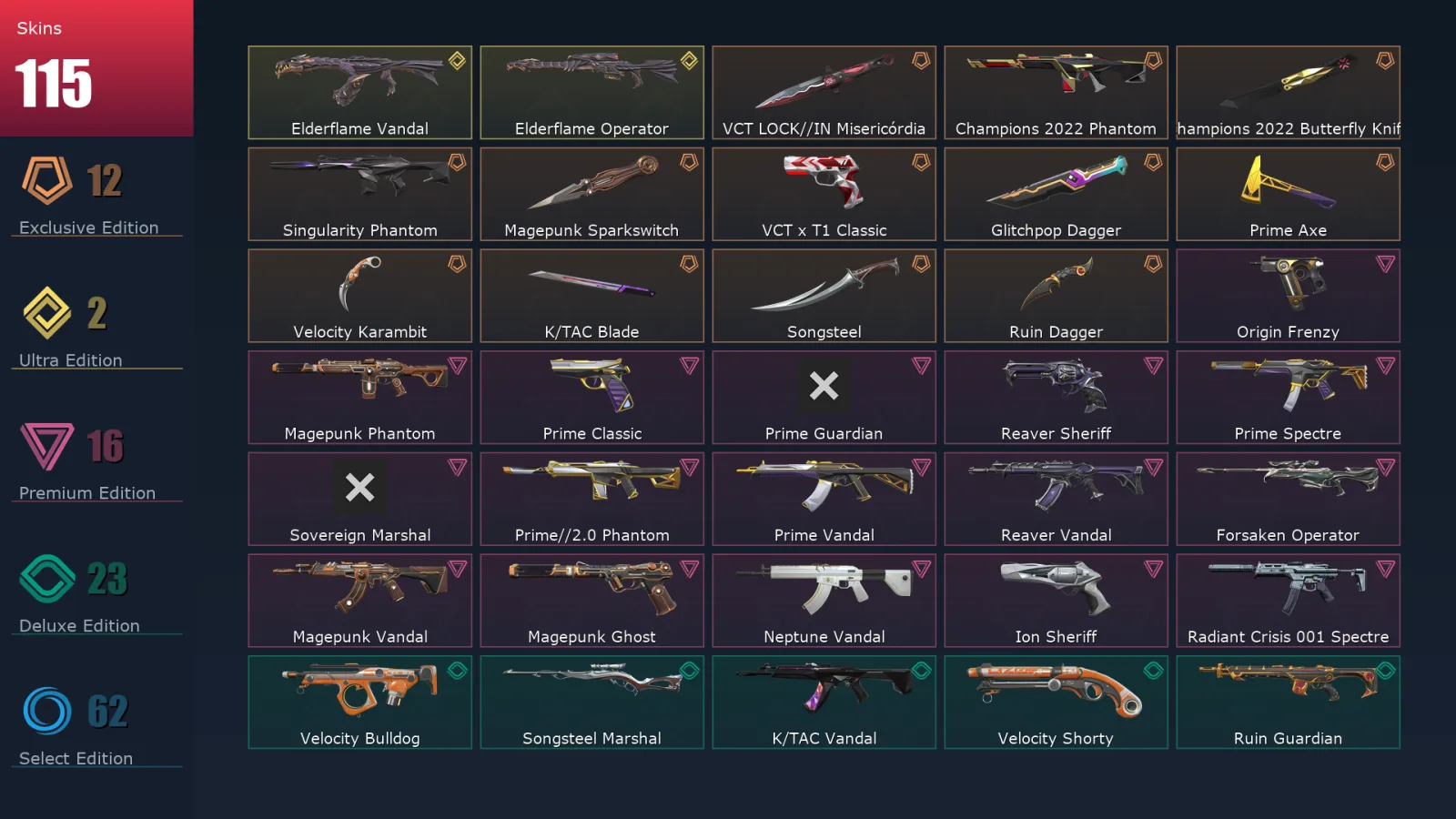 [Valorant] | EU | Level 263 | 29 Agents | 115 Skins