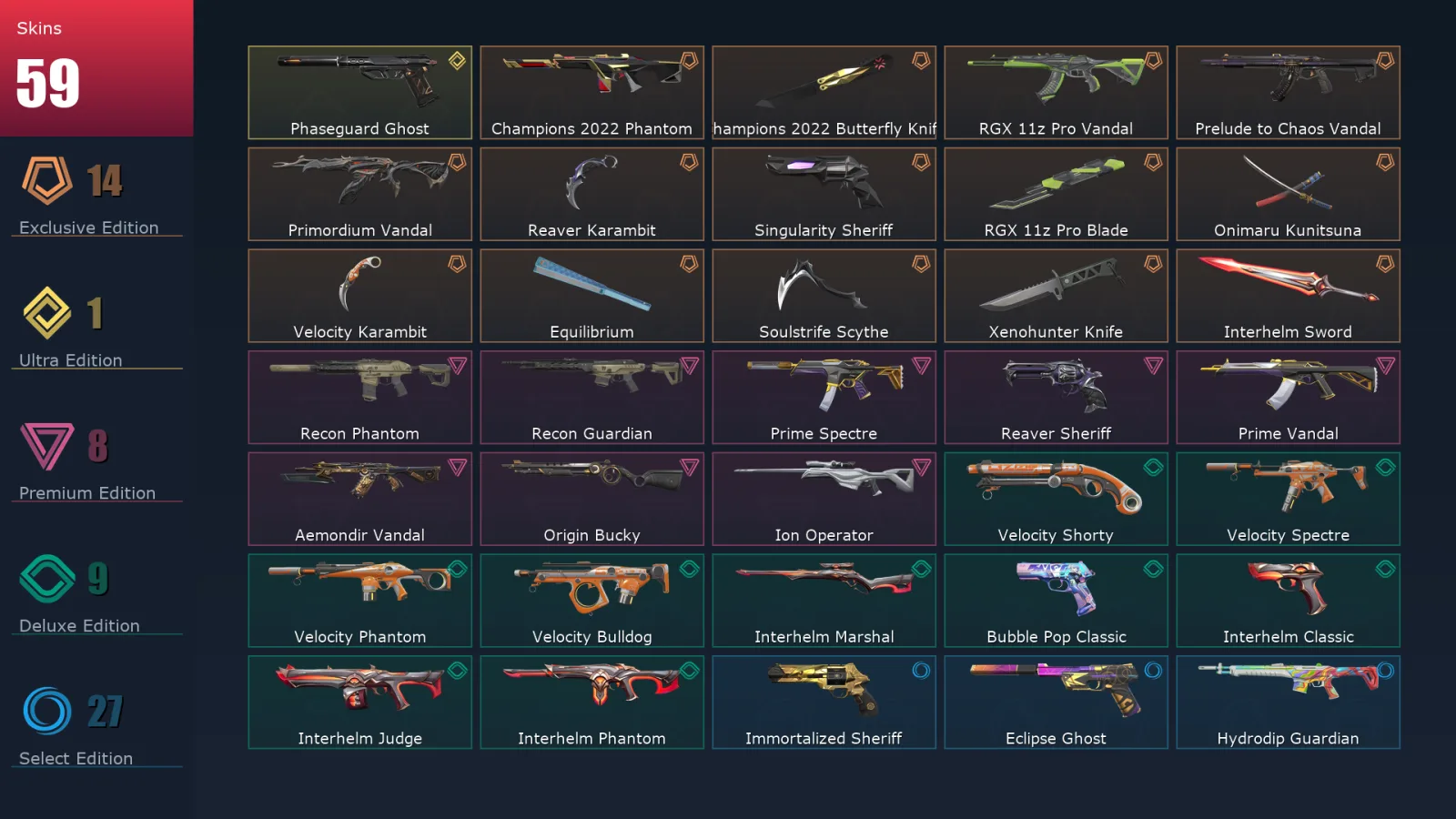 [Valorant] | EU | Level 222 | Ascendant 1 | 29 Agents | 59 Skins
