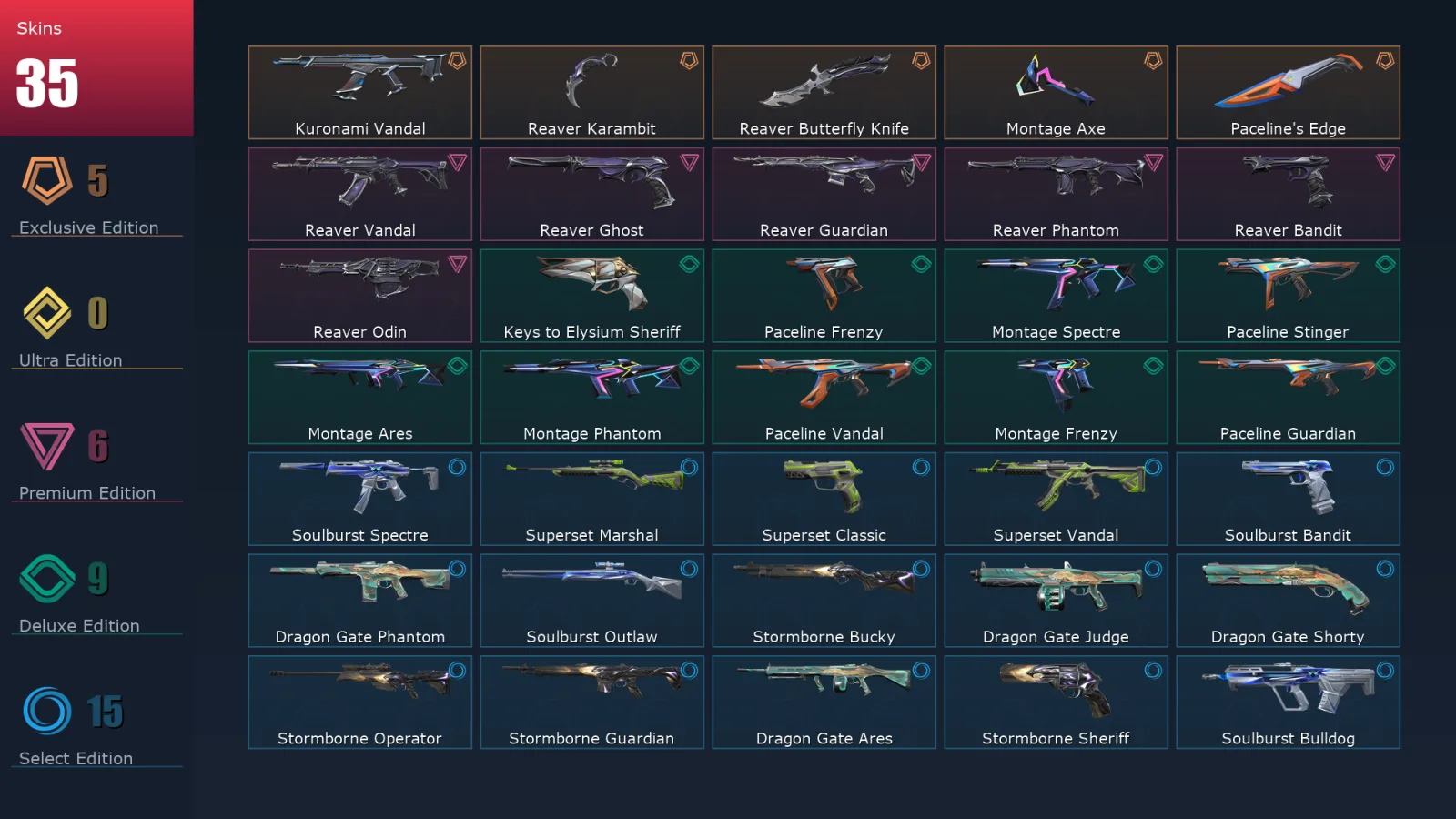 [Valorant] | EU | Level 63 | Gold 2 | 18 Agents | 35 Skins