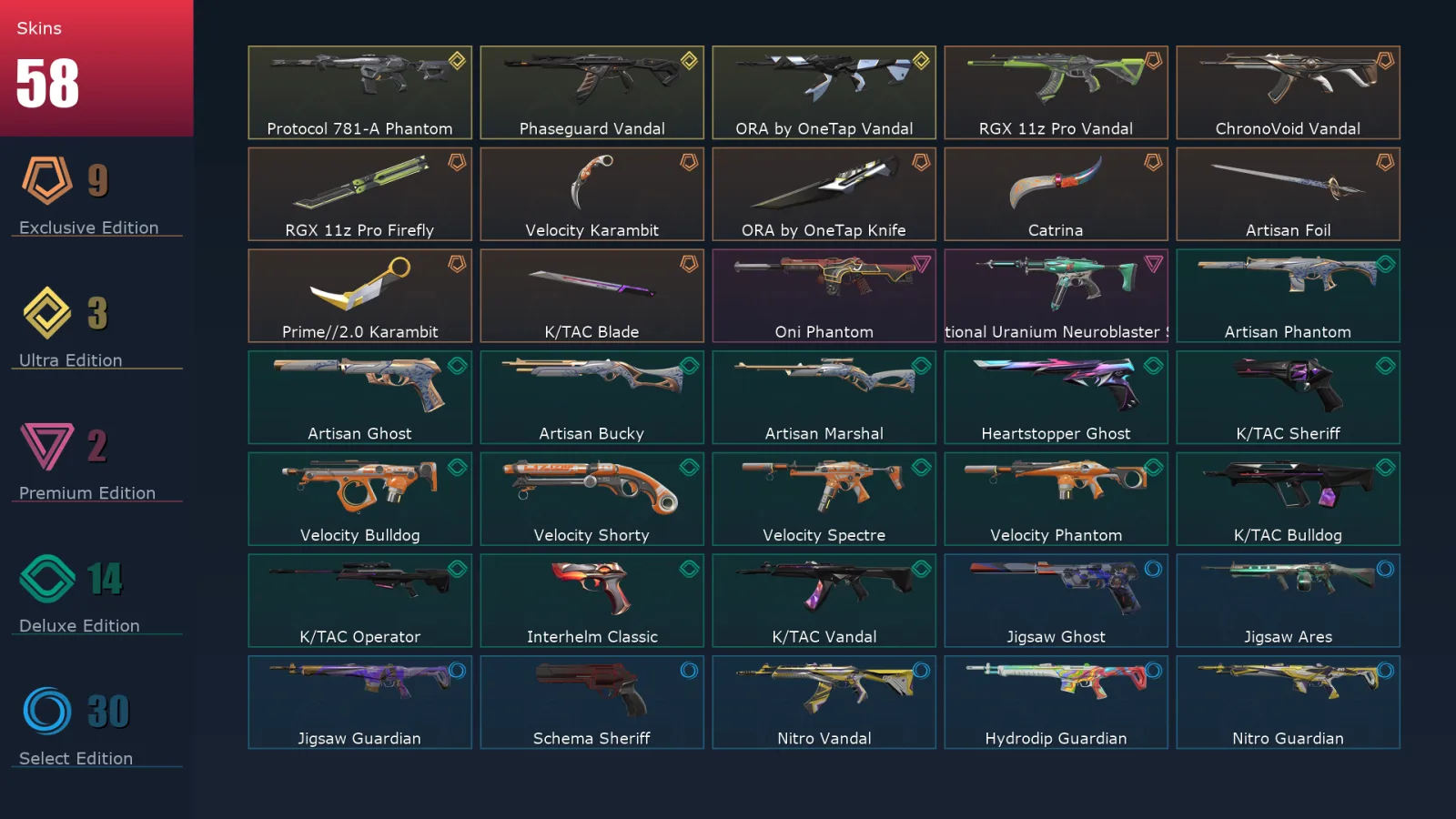 [Valorant] | EU | Level 197 | Platinum 2 | 29 Agents | 58 Skins