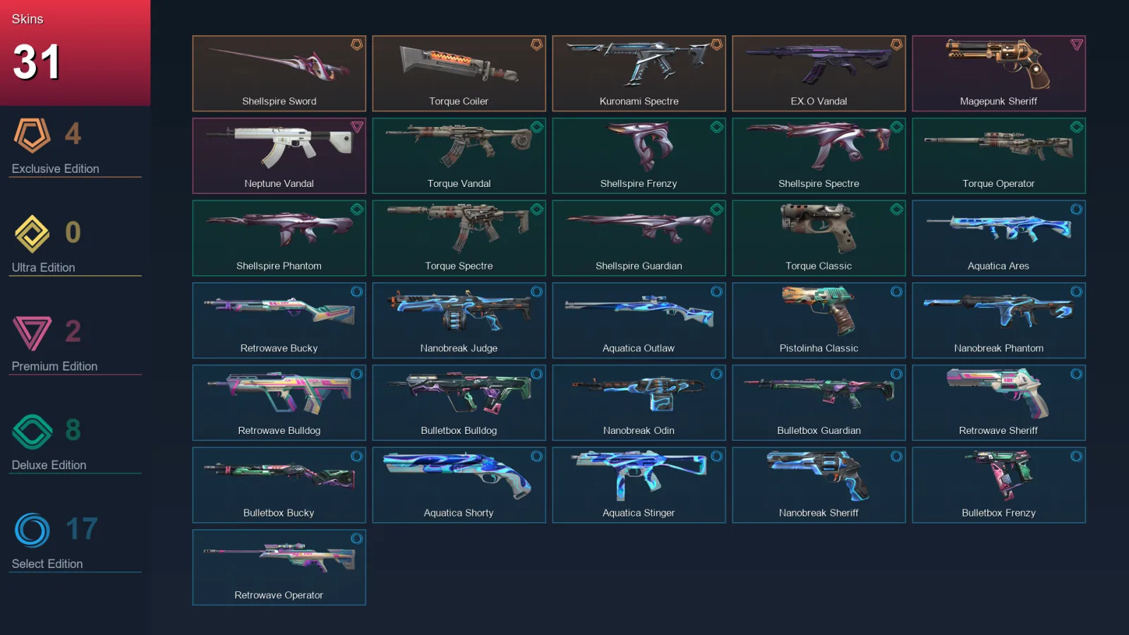 LA | Shellspire Sword | Torque Coiler | Kuronami Spectre | EX.O Vandal | 31 Skin | 16 Agent | 50 Buddy | Lv82