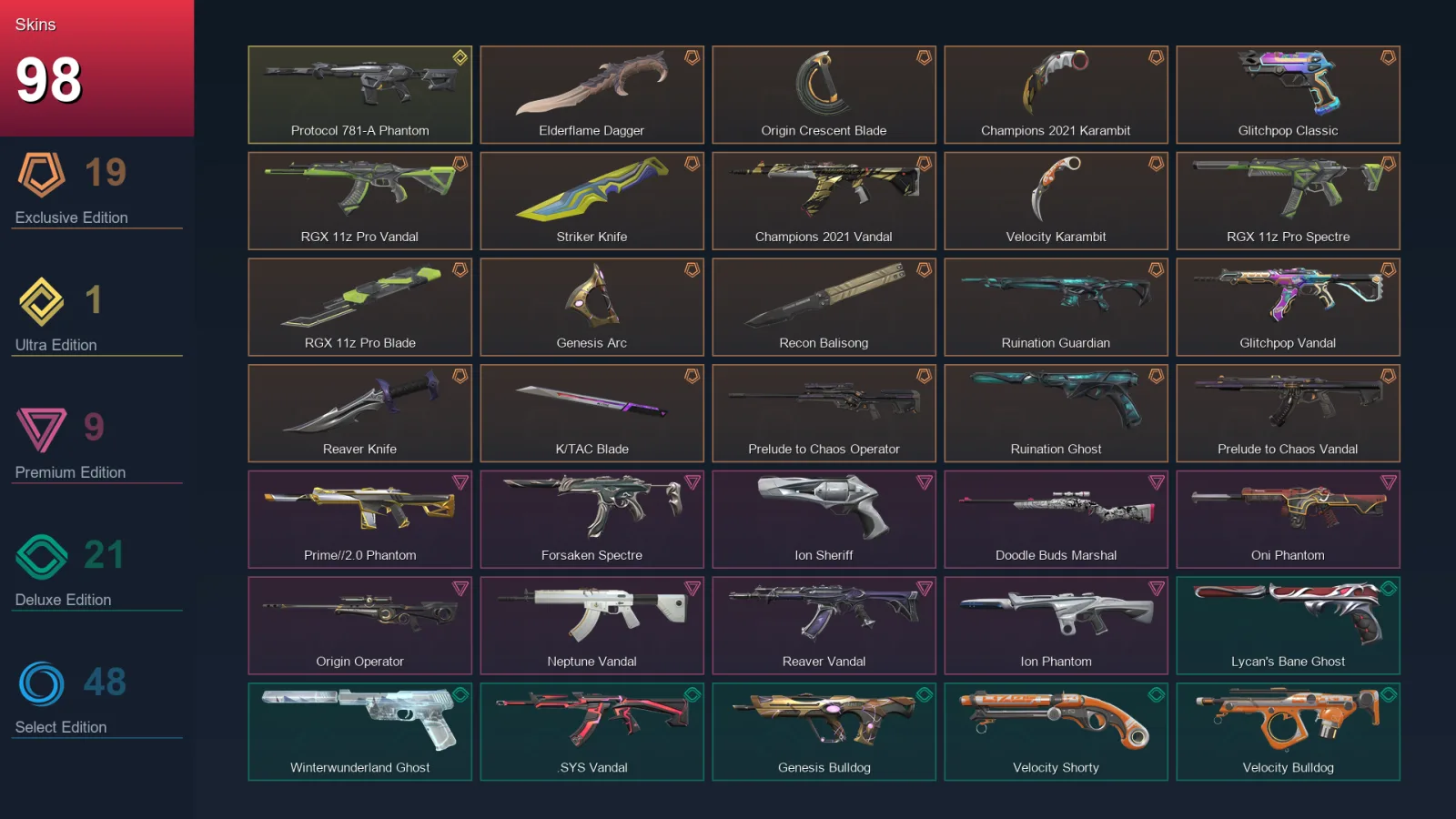 AP | Elderflame Dagger | Origin Crescent Blade | Champions 2021 Karambit | Glitchpop Classic | 98 Skin | 22 Agent | 94 Buddy | Lv192