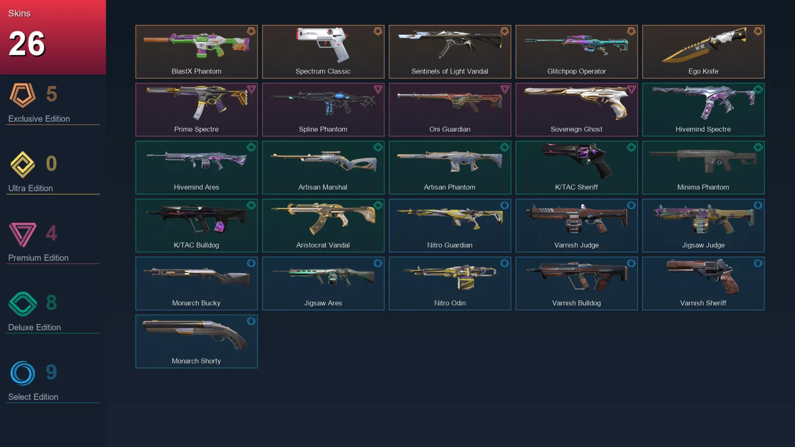 NA | BlastX Phantom | Spectrum Classic | Sentinels of Light Vandal | Glitchpop Operator | 26 Skin | 15 Agent | 19 Buddy | Lv27