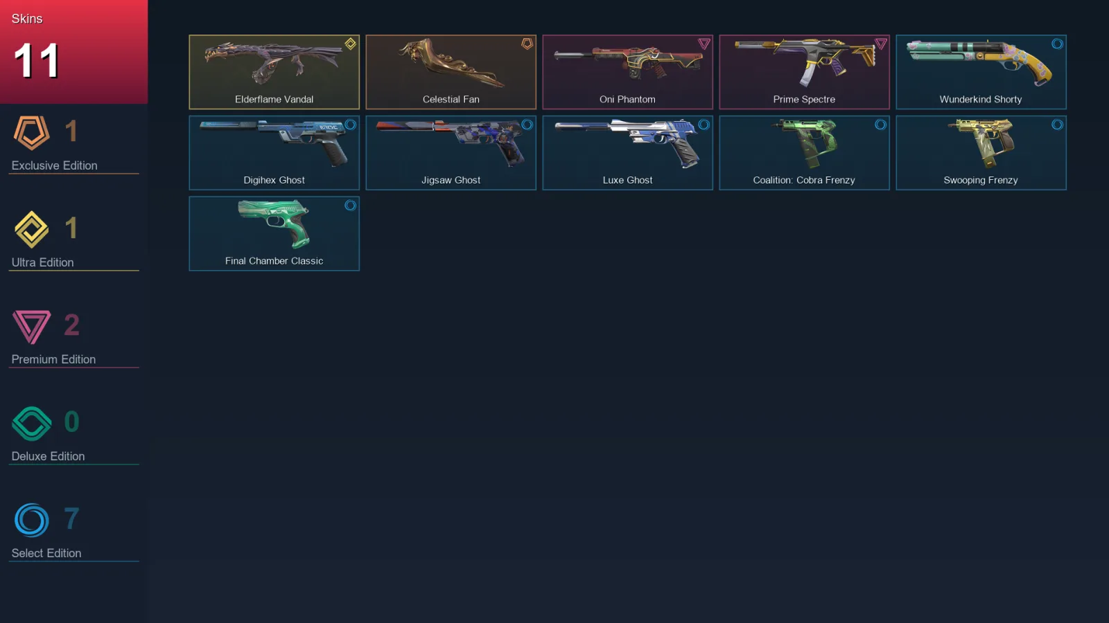 AP | Celestial Fan | Elderflame Vandal | Oni Phantom | Prime Spectre | 11 Skin | 28 Agent | 77 Buddy | Lv148
