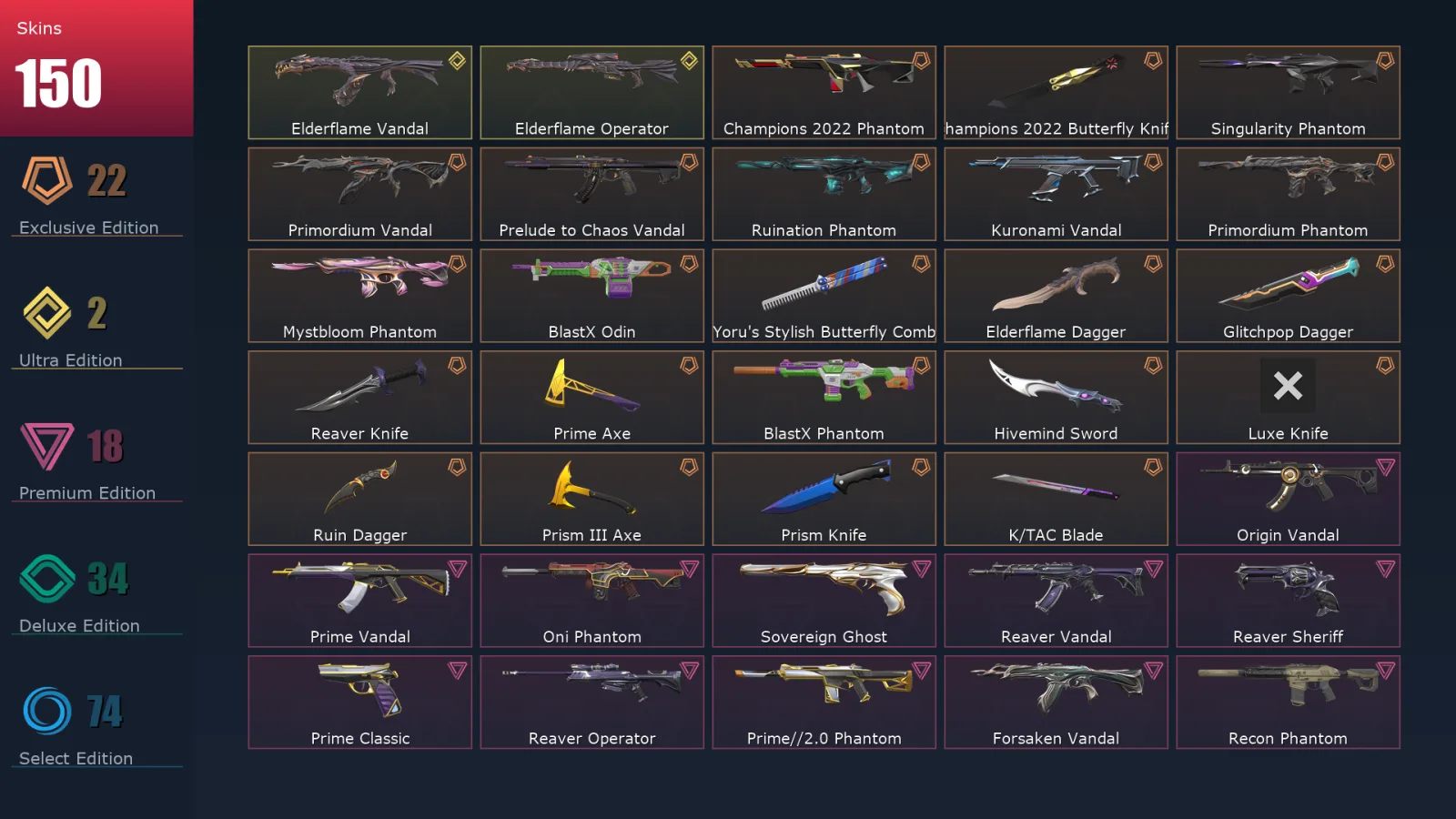 [Valorant] | EU | Level 247 | 26 Agents | 150 Skins