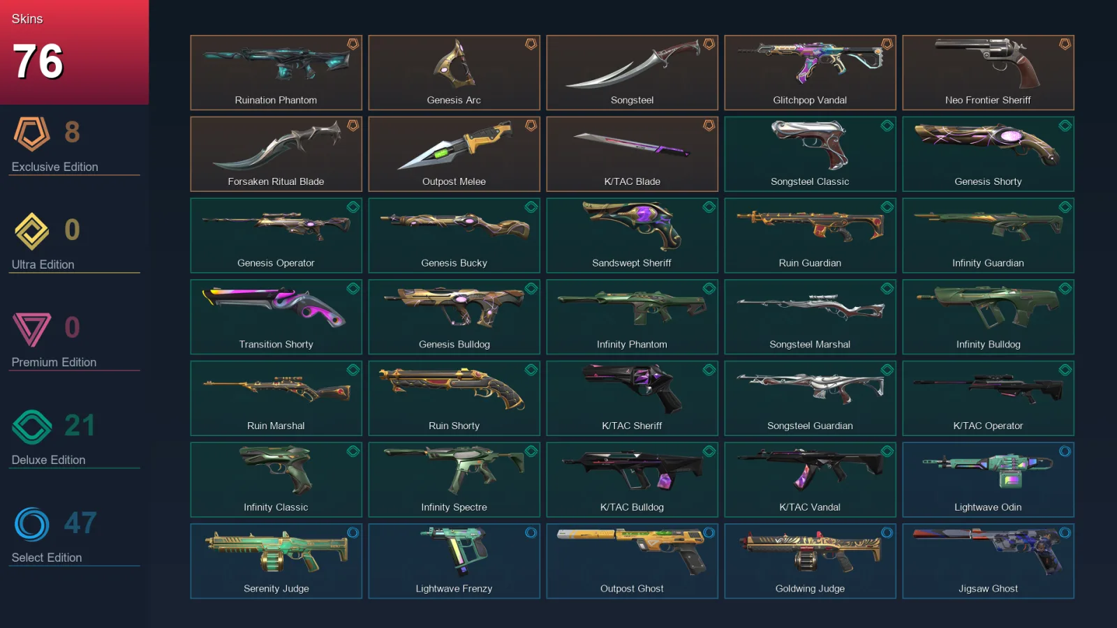 EU | Lv287 | Unranked | 76 Skin | 26 Agent | 134 Buddy — Ruination Phantom