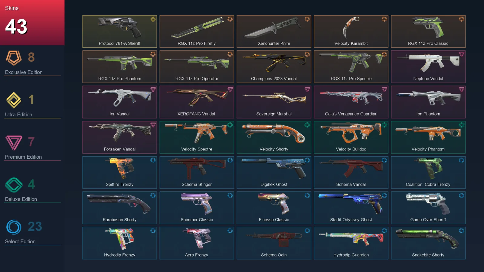 AP | RGX 11z Pro Firefly | Xenohunter Knife | Velocity Karambit | RGX 11z Pro Classic | 43 Skin | 29 Agent | 109 Buddy | Lv257
