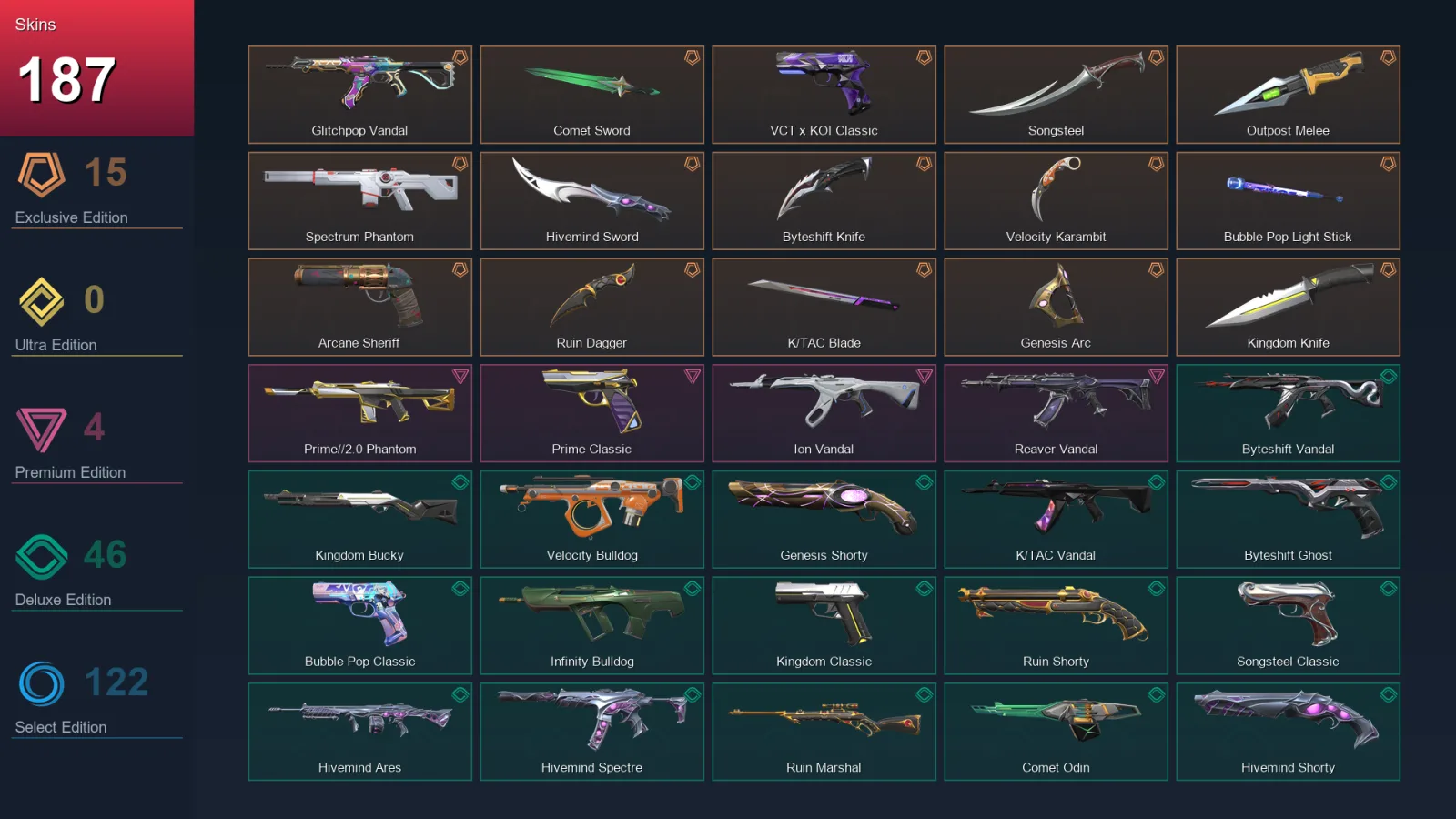 EU | Glitchpop Vandal | Comet Sword | VCT x KOI Classic | Songsteel | 187 Skin | 28 Agent | 259 Buddy | Lv473